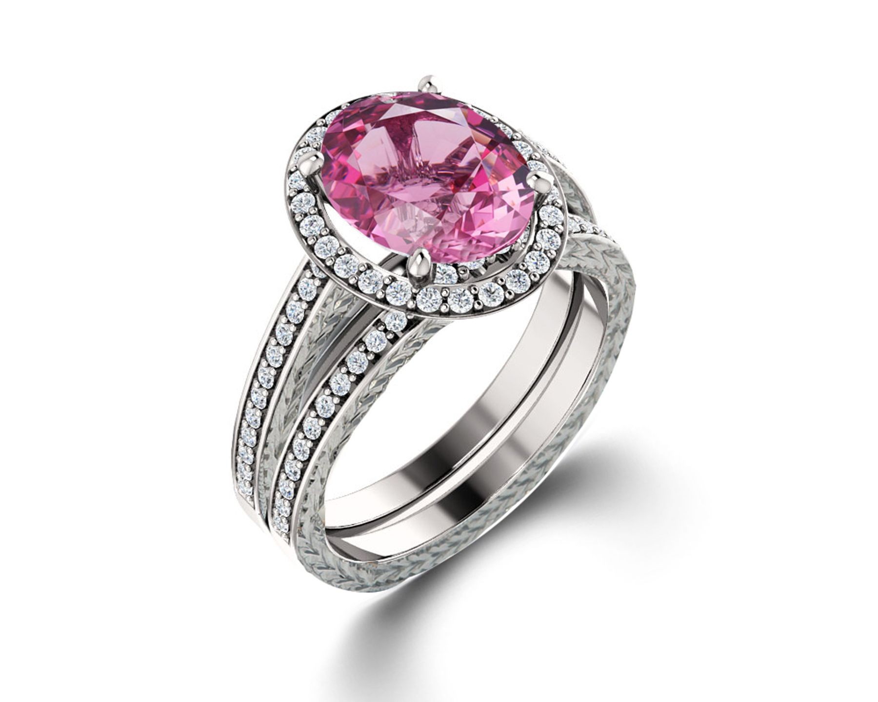 Delicate Micro Pave Halo Vivid Pink Sapphires & Brilliant-Cut Round Diamonds Designer Engagement Rings