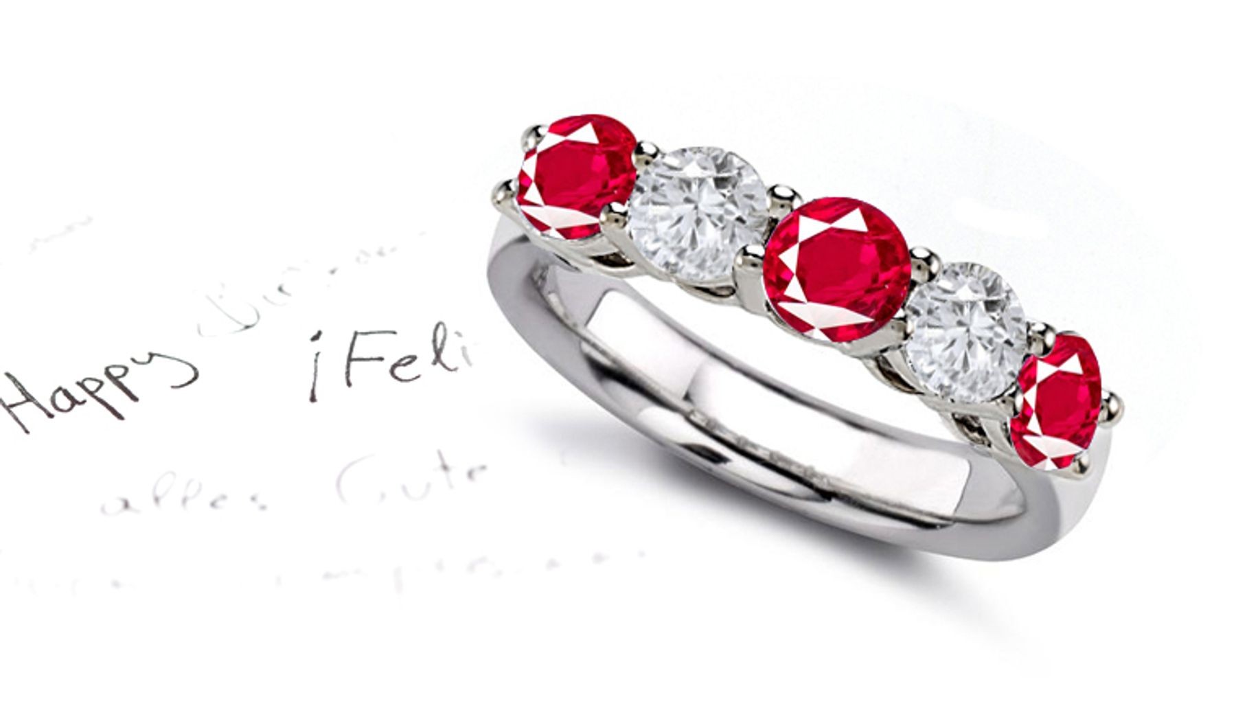 Ruby Five Stone Rings: Ruby diamond ring in platinum set with three round rubies and two round diamonds