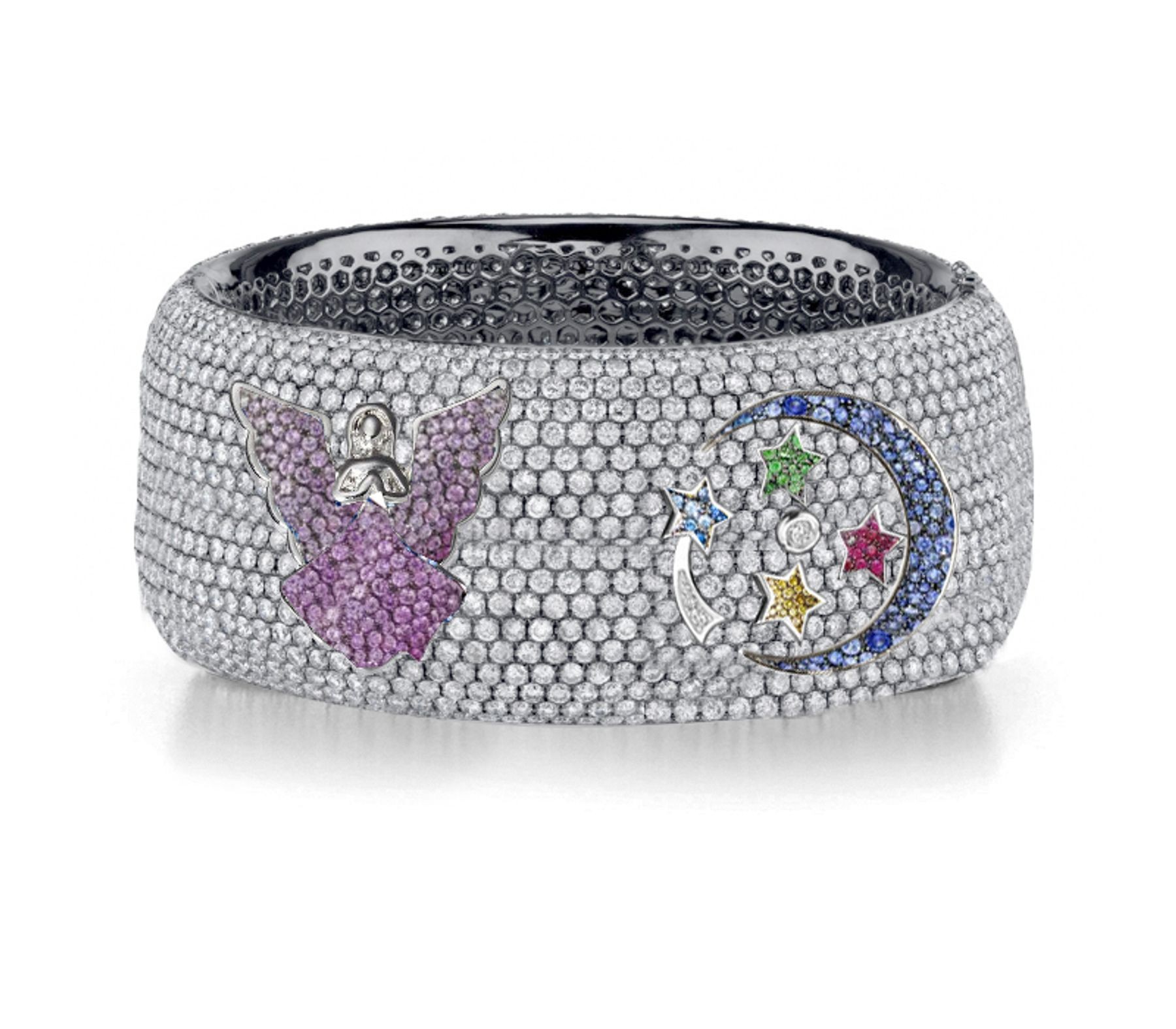 Delicate French pavee Sparkling Brilliant-Cut Round Diamonds & Vivid Multi-Colored Precious Stones Eternity Rings & Bands Featuring Fairy, Moon & Stars