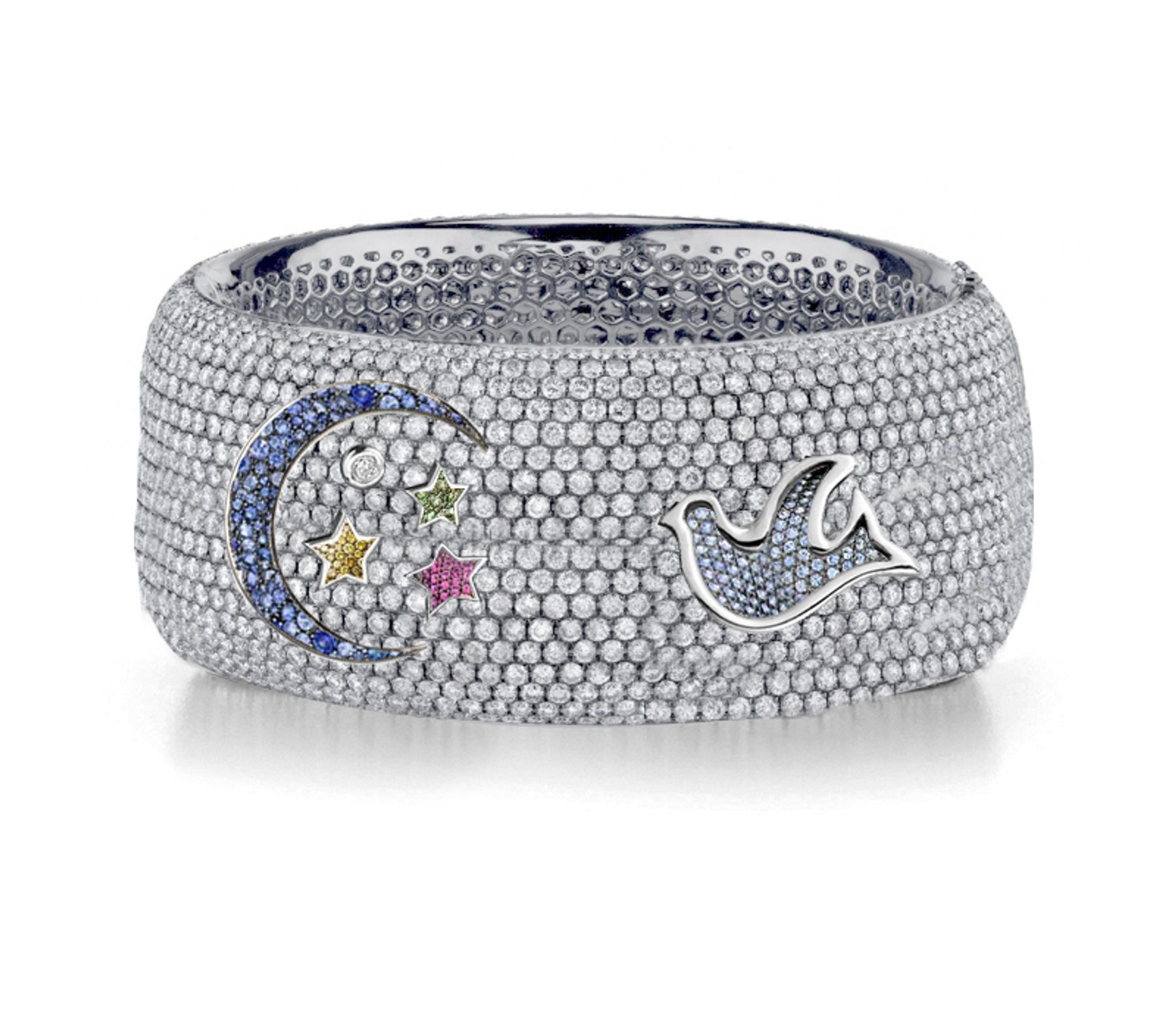 Delicate French pavee Sparkling Brilliant-Cut Round Diamonds & Vivid Multi-Colored Precious Stones Eternity Rings & Bands Featuring Bird, Moon & Stars