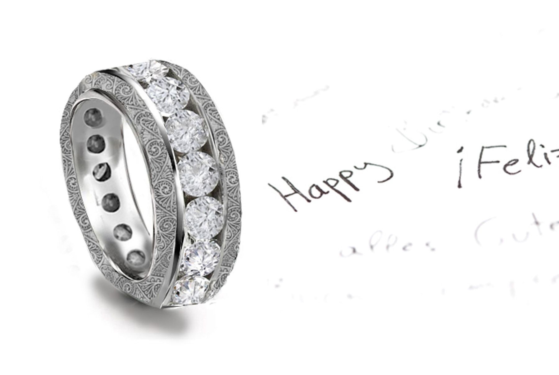 Original Band Ring Design: Vintage Diamond Wedding Band Decorated Sides with Embossed Leaves and Flowers & is 5 mm Wide