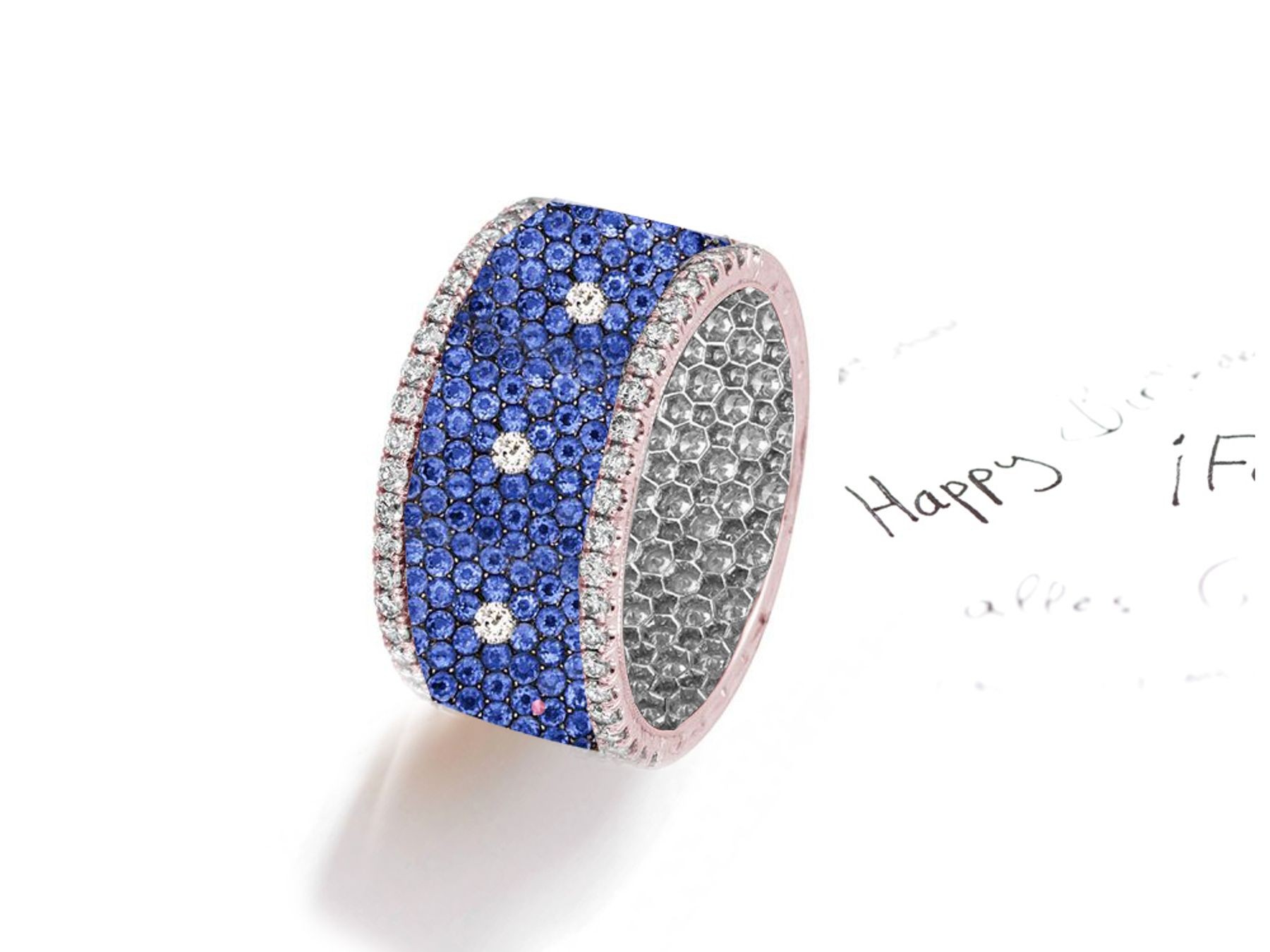Made to Order French pave Set Brilliant Cut Round Diamonds & Blue Sapphires Eternity Rings & Bands