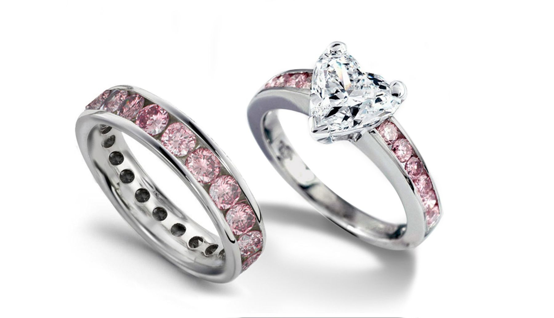 Pink Diamond Wedding Eternity Band & Matching Engagement Ring with Heart Diamond atop Pink Diamond Band