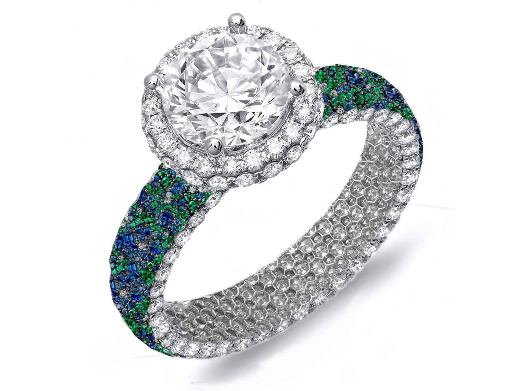 Made To Order Rings Featuring Delicate French Halo Pave Diamonds & Vivid Blue Sapphires