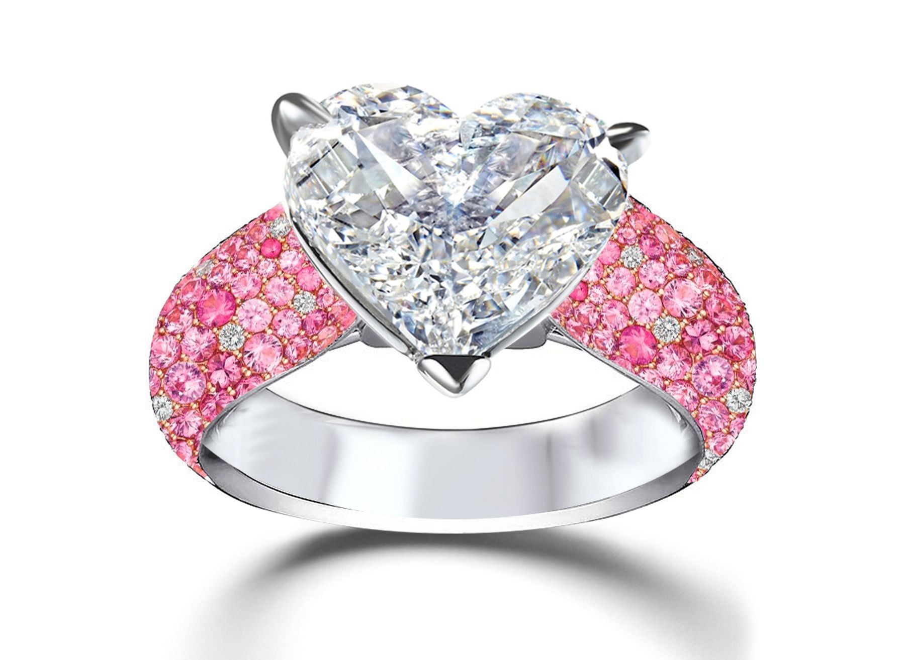 Heart Diamond & Pink Sapphire Micropave Set Engagement and Right Hand Rings