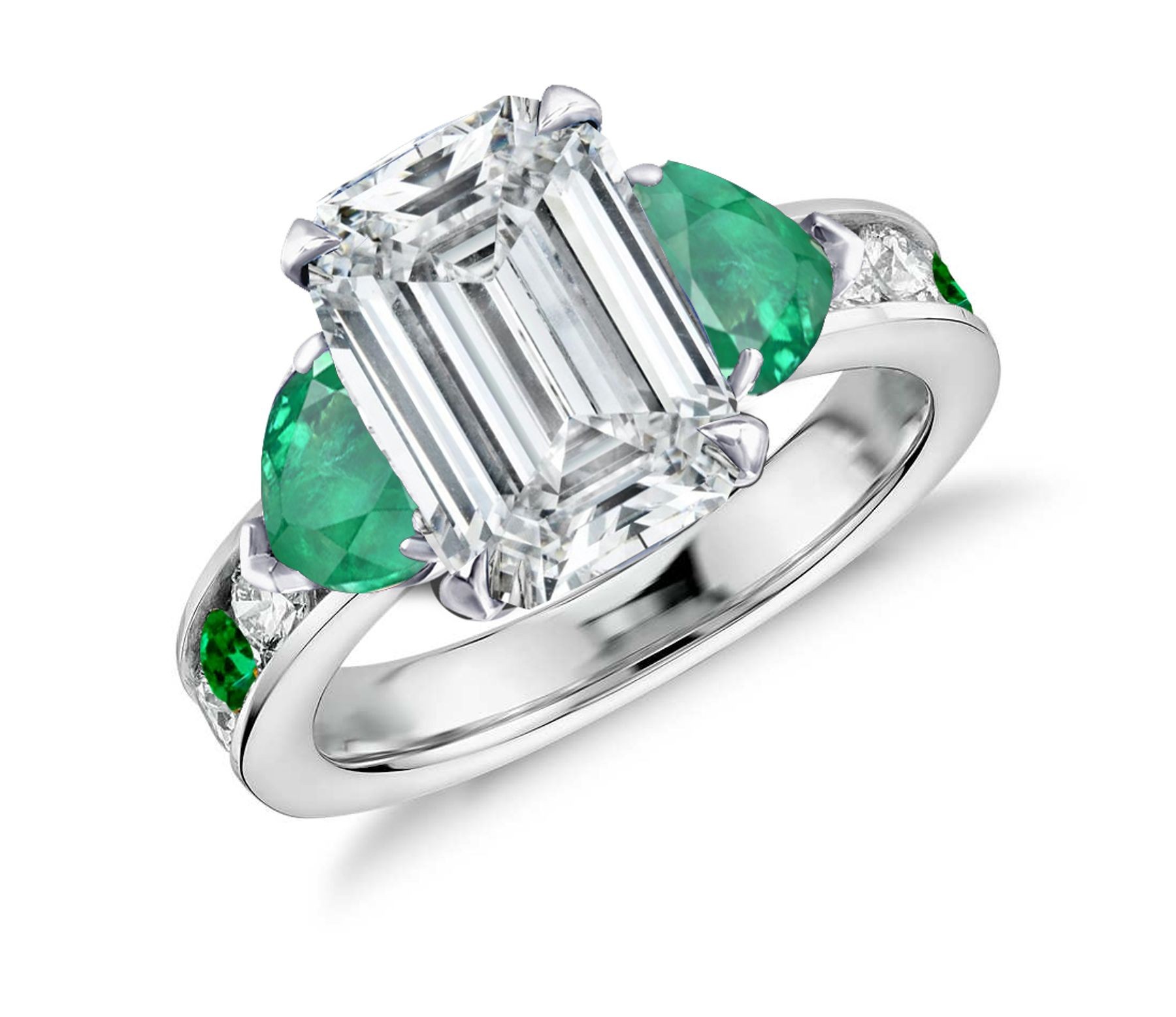 Three Stone Emerald Cut Diamond & Heart Emeralds Ring