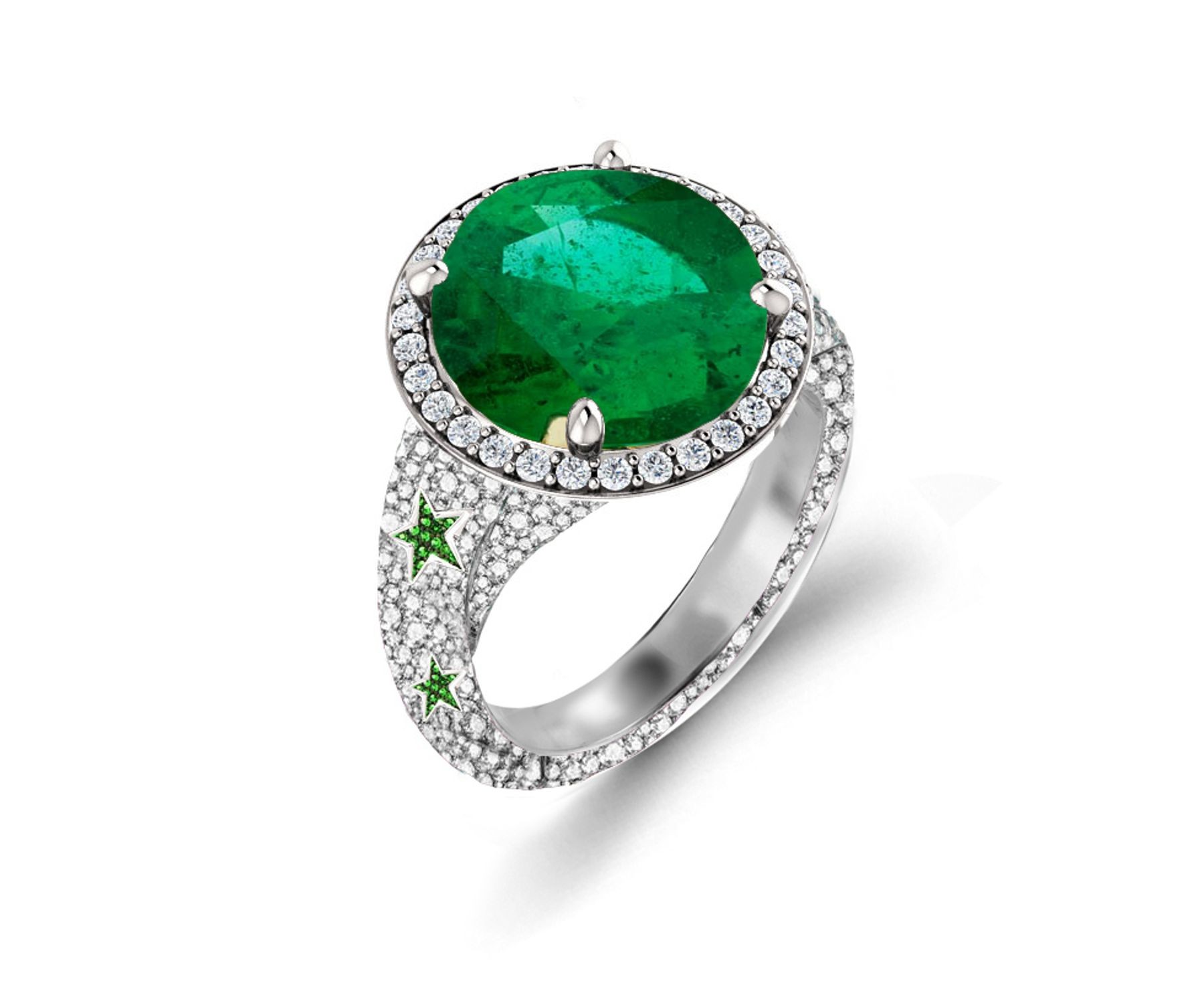 Precision Set Delicate French Micro Pave Halo Rings With Emerald & Diamonds