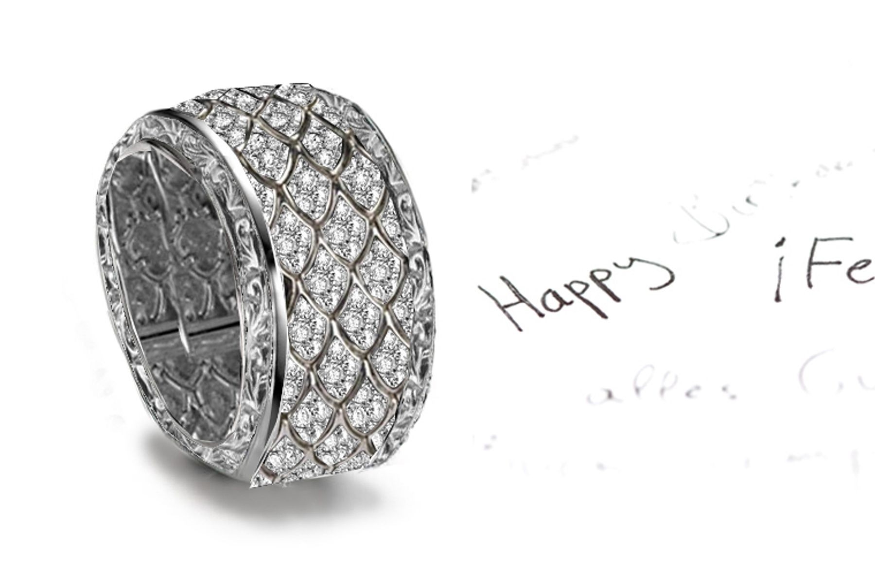 Explore & Discover: Platinum Band Encrusted with Diamonds & Metal Mesh Frames in Center & Bead Set Diamond Border