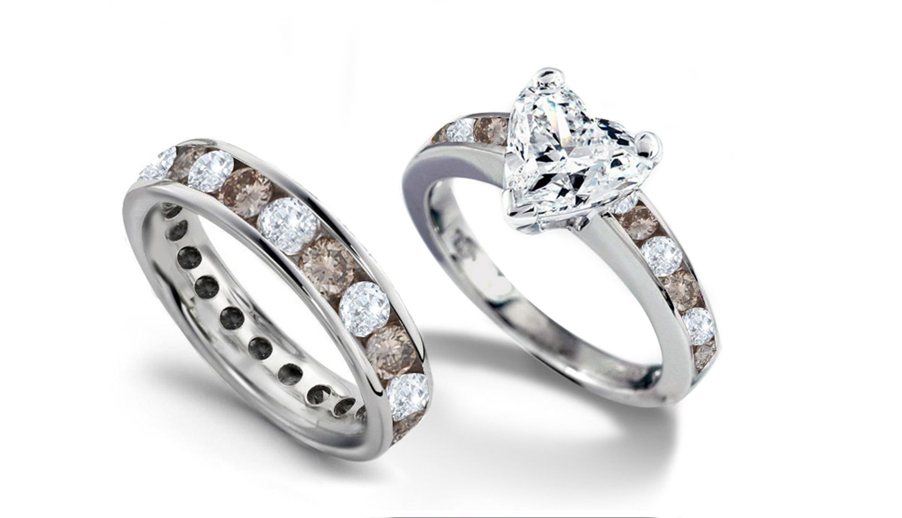 White & Brown Diamond Wedding Eternity Band & Matching Engagement Ring with Heart Diamond atop Brown Diamond Band
