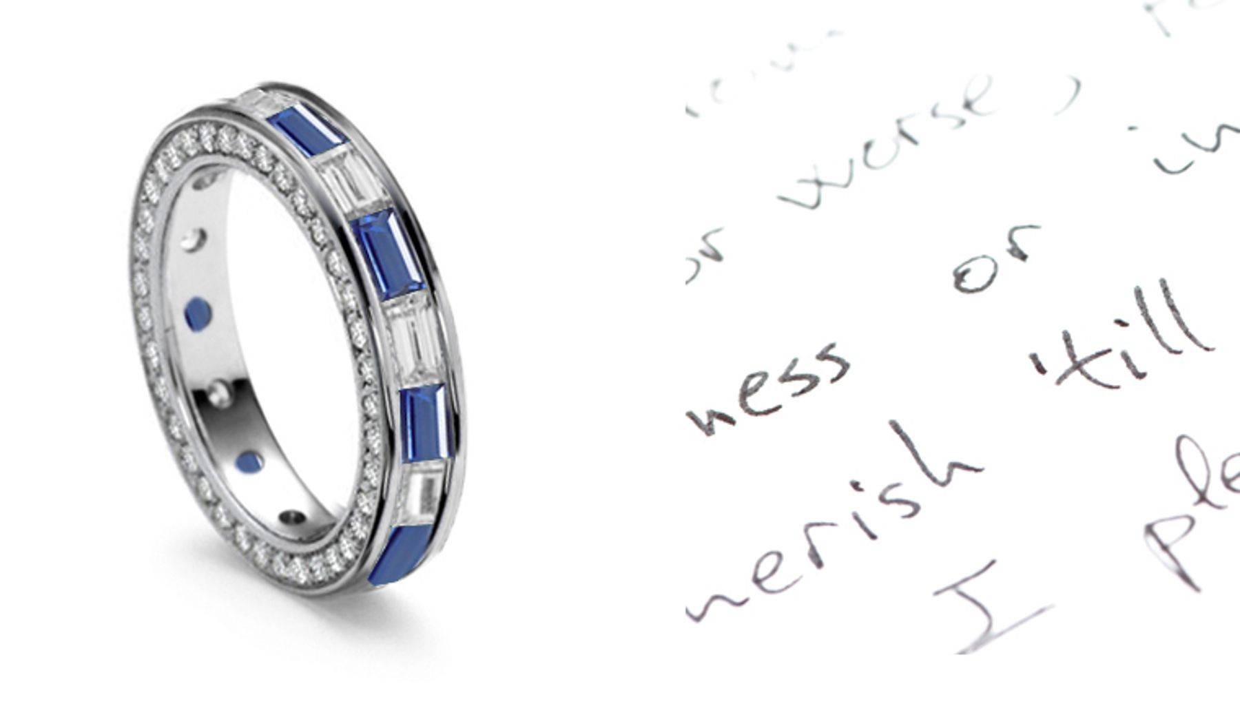 Gleaming: Baguette Cut Diamond & Sapphire Eternity Halo Ring