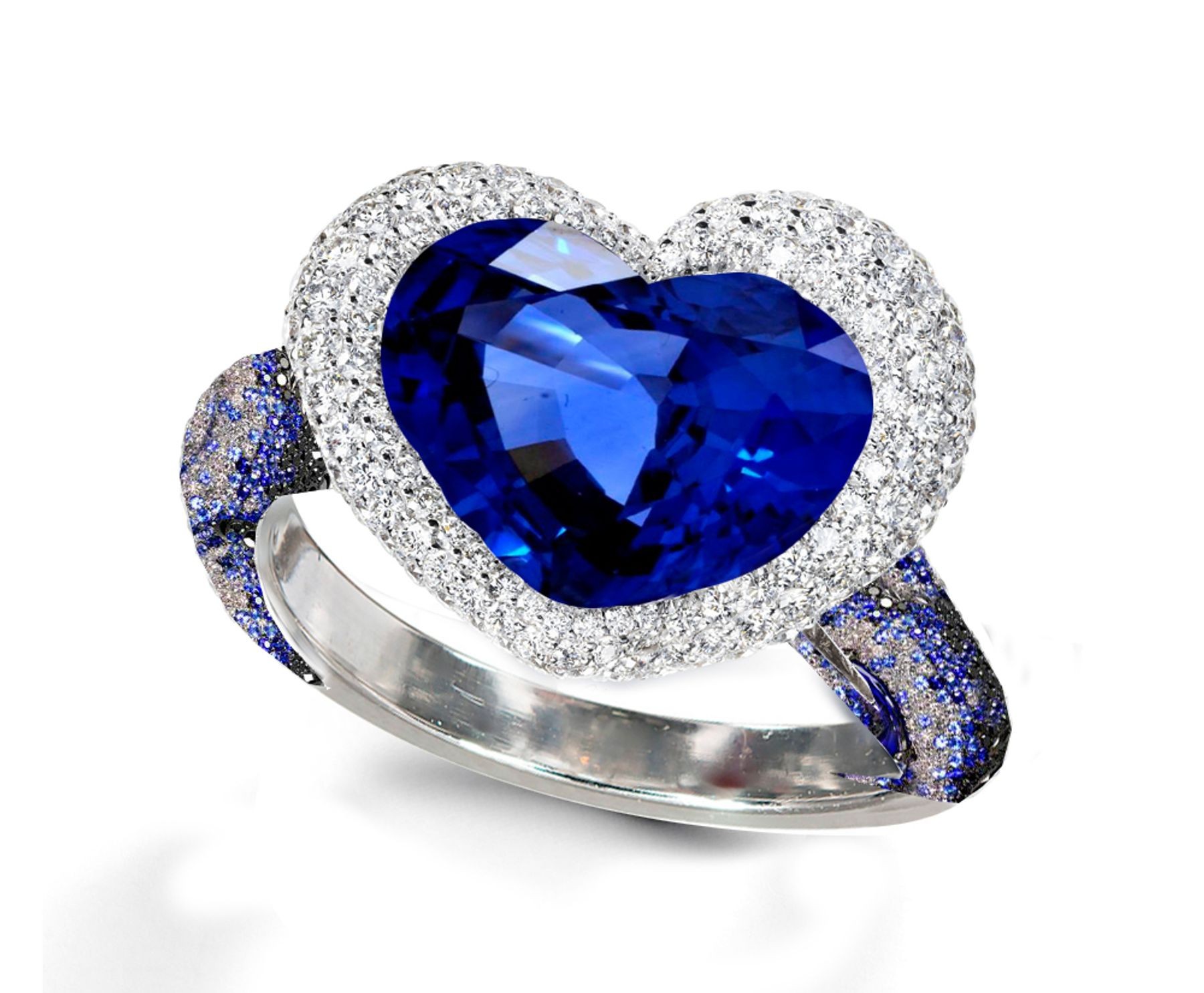 Ring with Heart Blue Sapphire & Pave Set Blue Sapphires & White Diamonds in Gold or Platinum