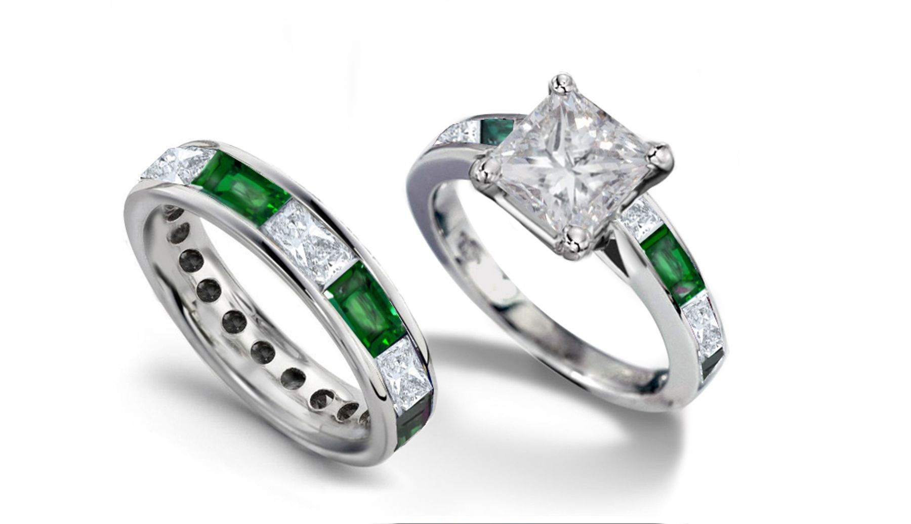 Princess Cut Diamond & Baguette Emerald Bridal Set