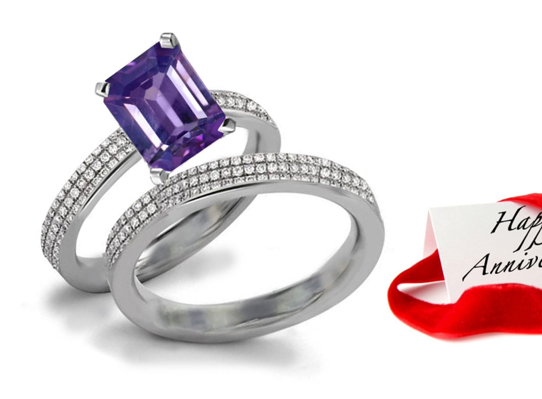 Splendid: Bright Intense Vivid Very Popular Purple Sapphire & Sparkling Diamond Engagement & Wedding Bands Set
