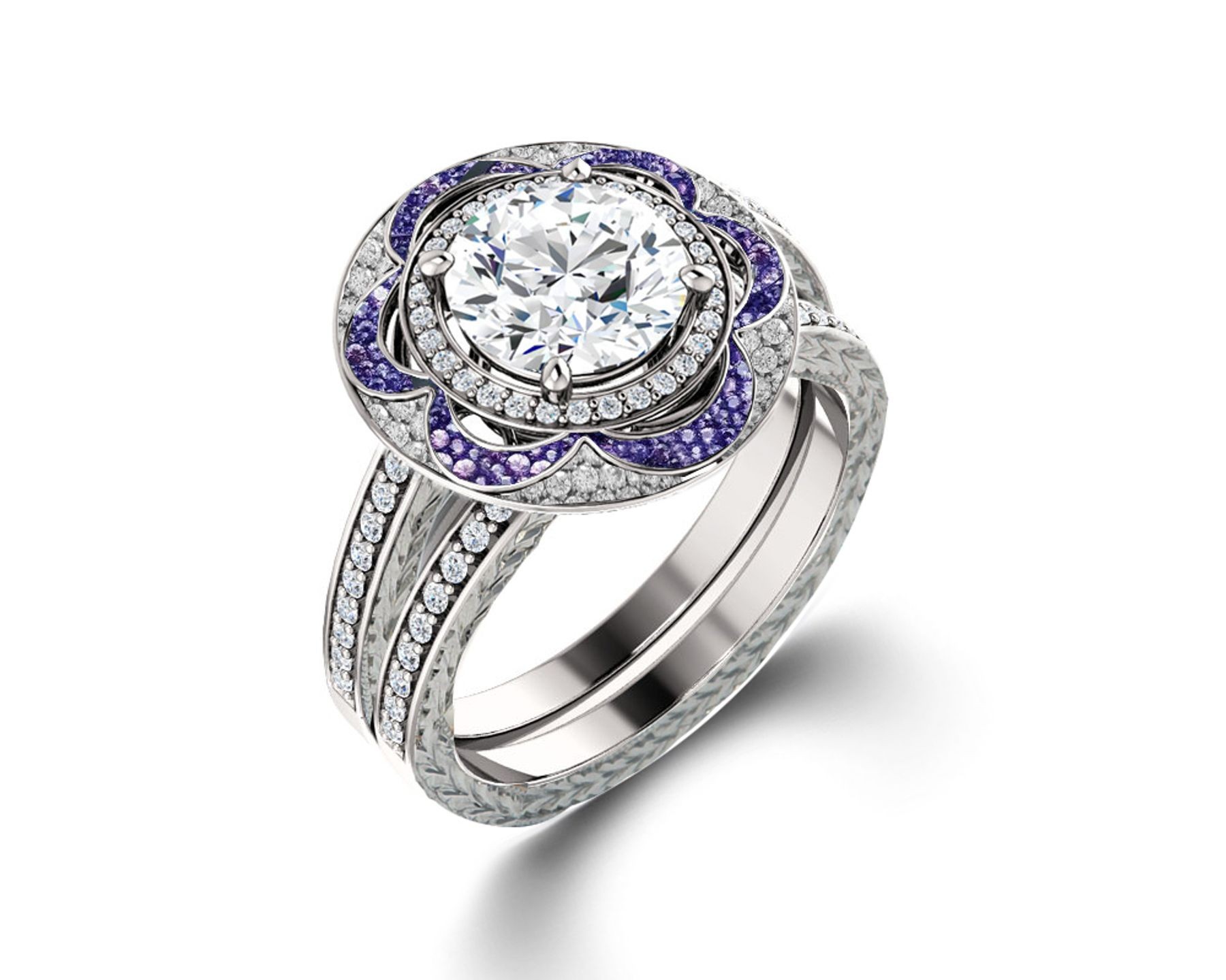 Delicate Micro Pave Halo Vivid Flower Purple Sapphires & Brilliant-Cut Round Diamonds Designer Engagement Rings