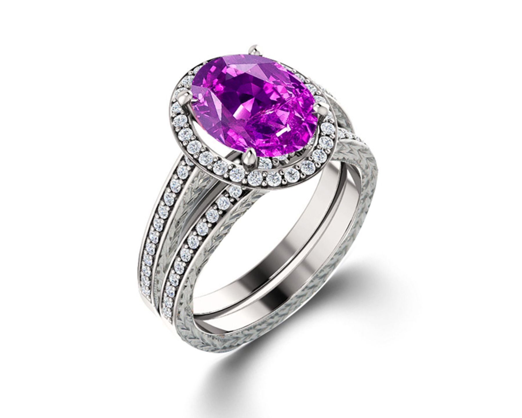 Delicate Micro Pave Halo Vivid Purple Sapphires & Brilliant-Cut Round Diamonds Designer Engagement Rings