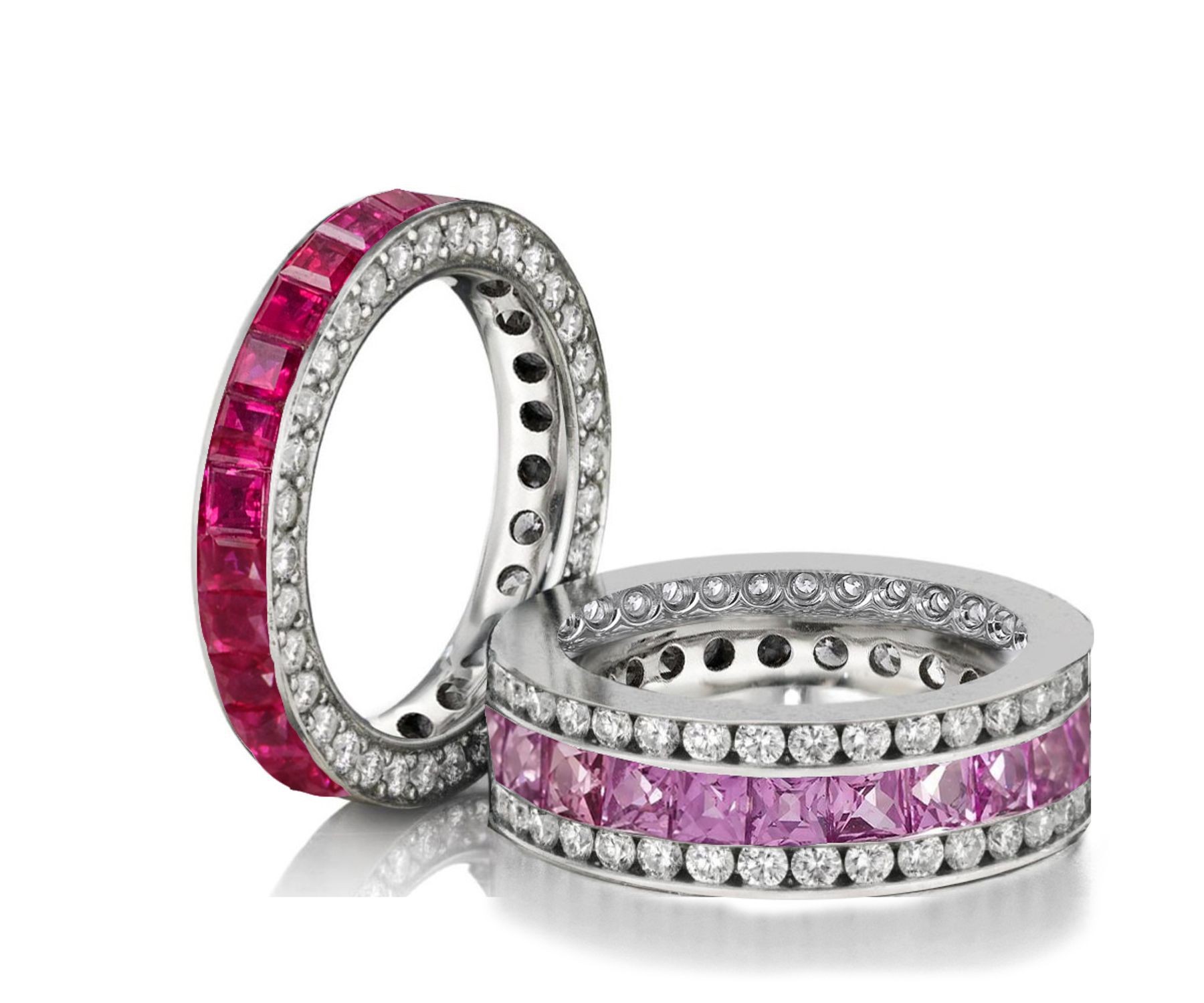 Made to Order Great Selection of Channel Set Princess Cut Round Diamonds Ruby & Pink Sapphire Eternity Rings & Bands