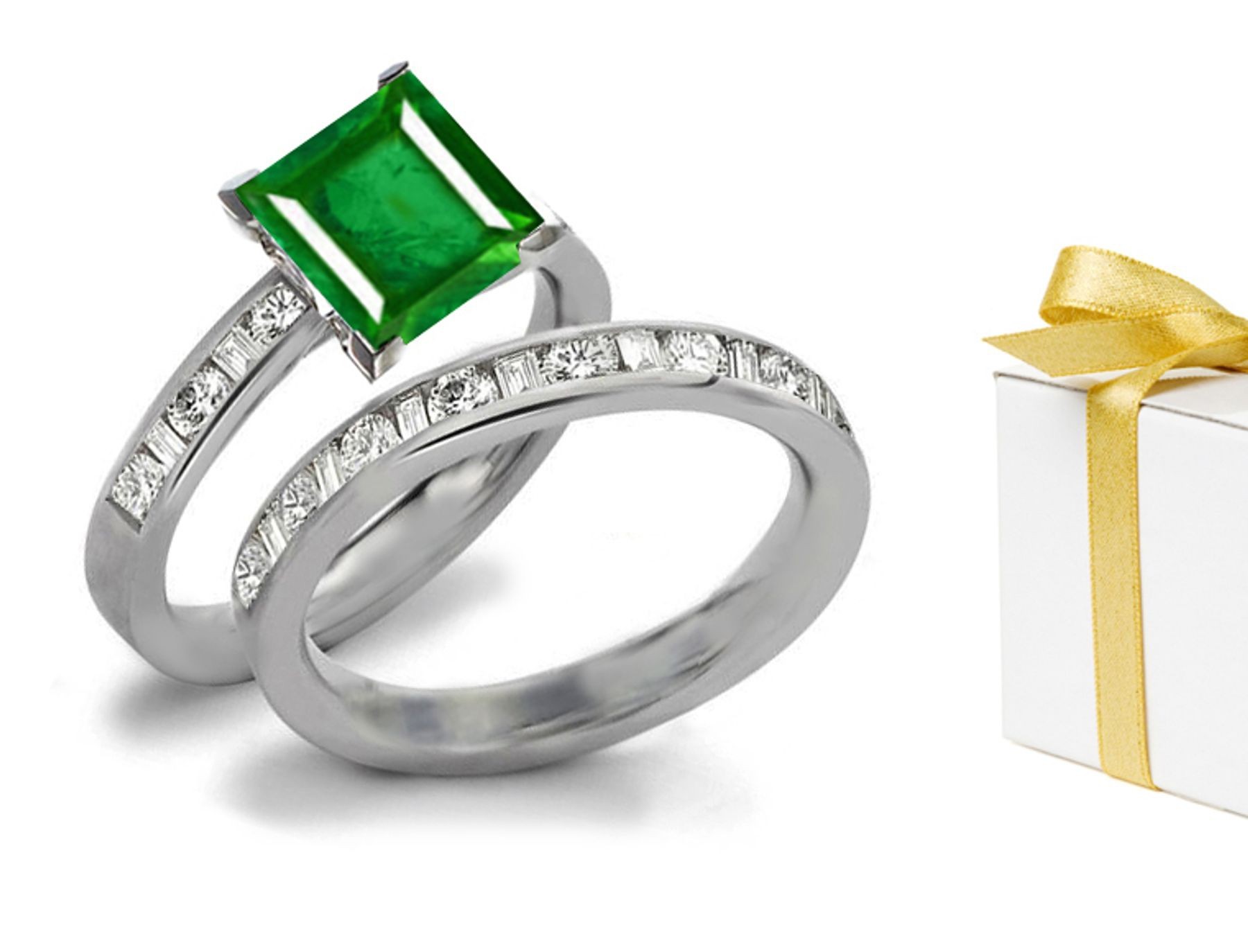 Solitaire Princess Cut Transparent Emerald & 14k Baguette Diamond Ring & Diamond Gold Band