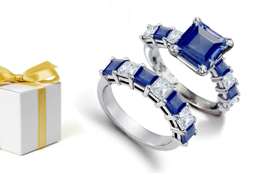 Give Us Many Fanciful Ideas Stars Associated With Precious Stones: Square Blue Sapphire & White Diamond Bridal Set