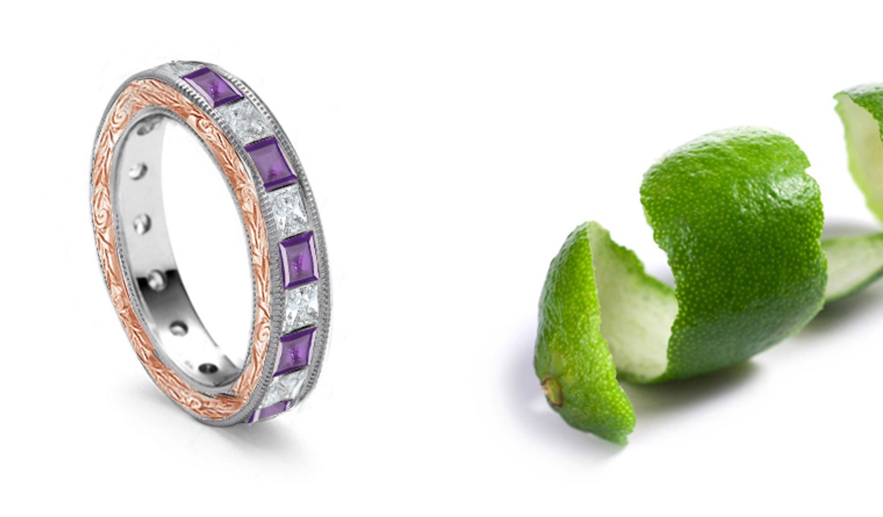 A Different Burnish Set Heart Diamond & Purple Sapphire Rings