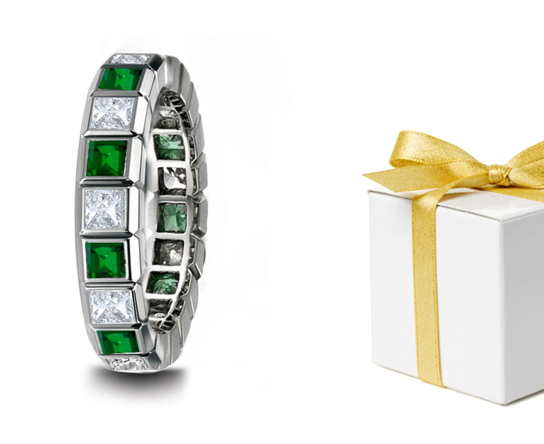 Emotions: Modern Secure Bezel Set Princess Cut Diamond & Emerald Band