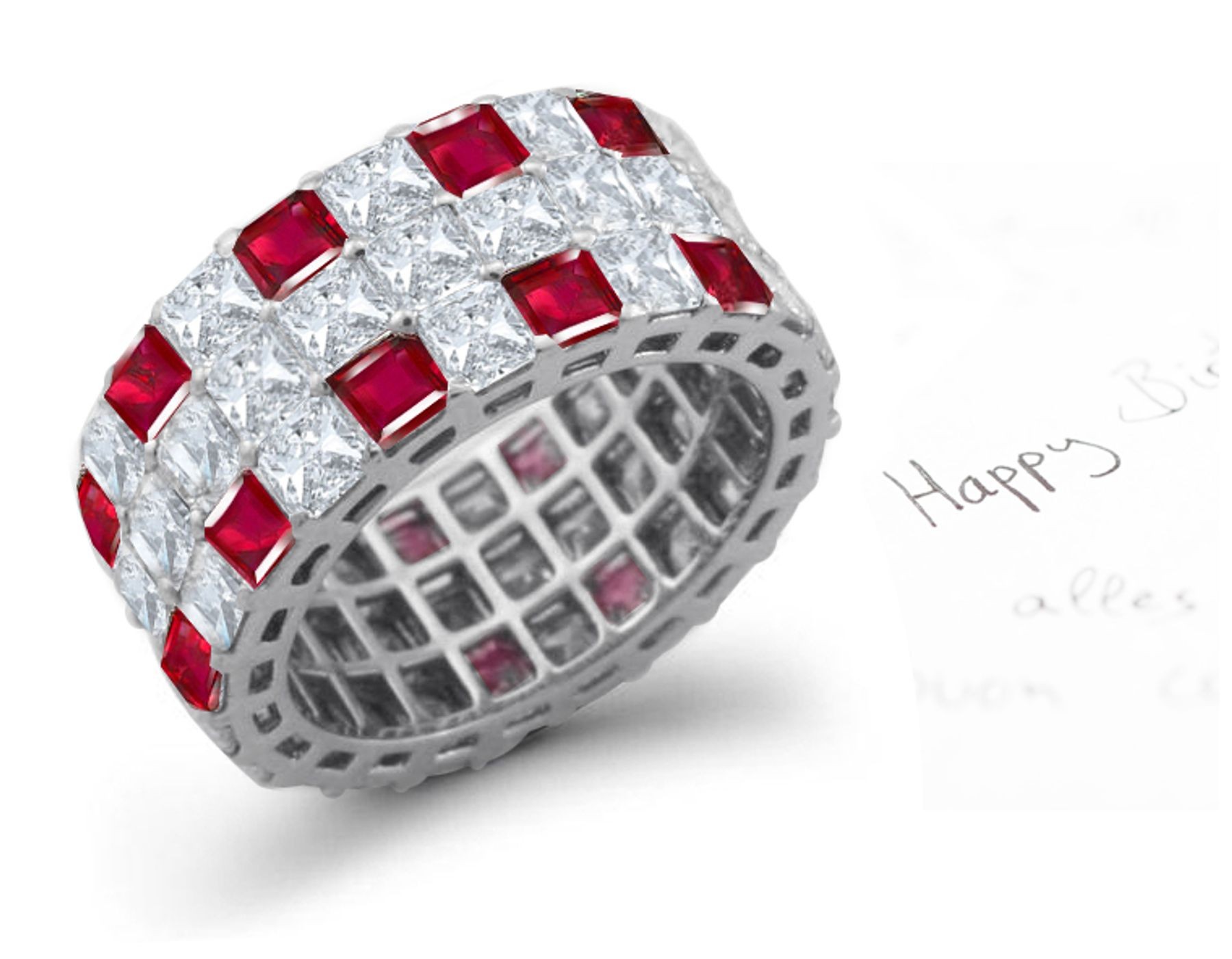 Collosal 3 Sparkling Rows of Princess Cut Diamond & Ruby Rings in Platinum & Gold