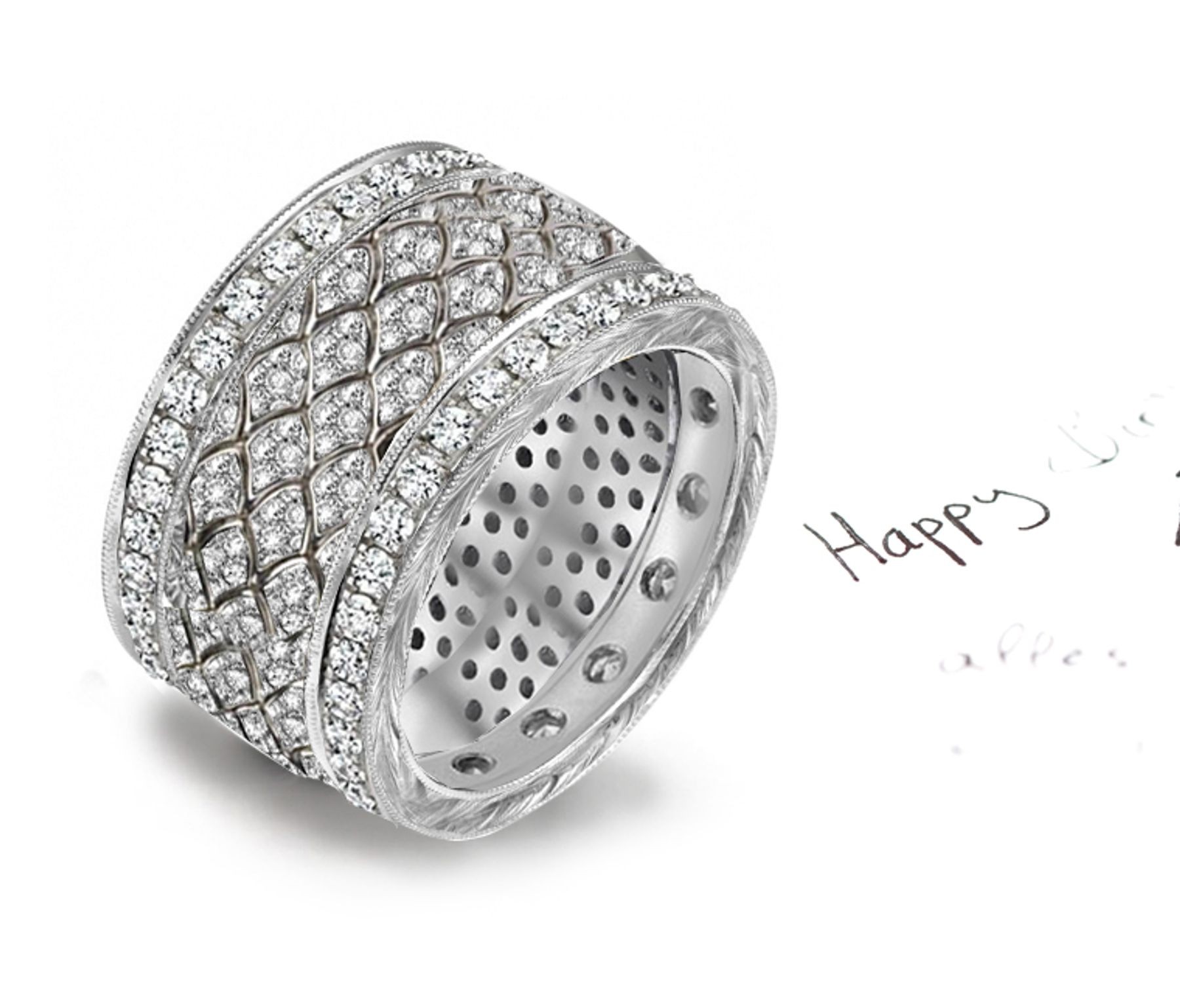 Vibrant & Rich Style: Diamond Band Encrusted with Diamonds & Metal Mesh Frames in Center & Bead Set Diamond Border