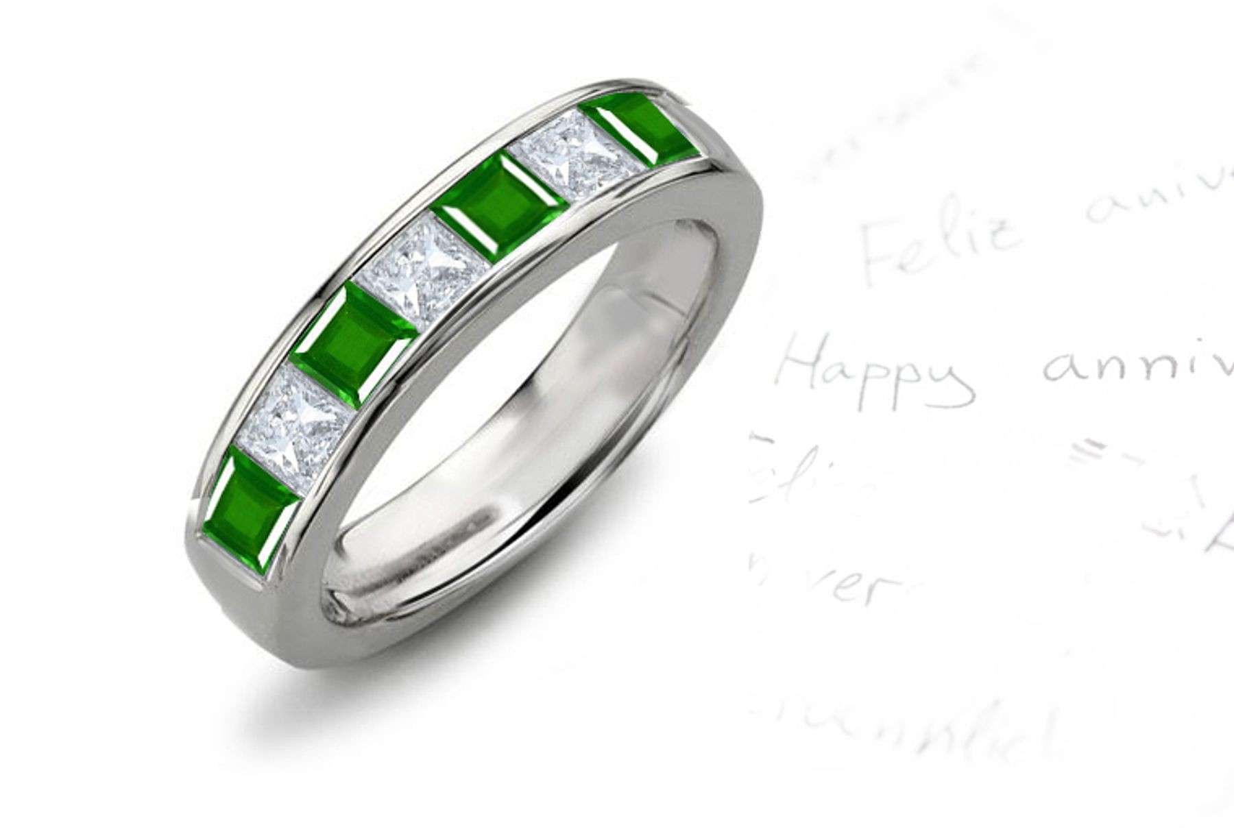 Love & Romance: 7 Stone Channel Set Princess Cut Emerald & Diamond Ring