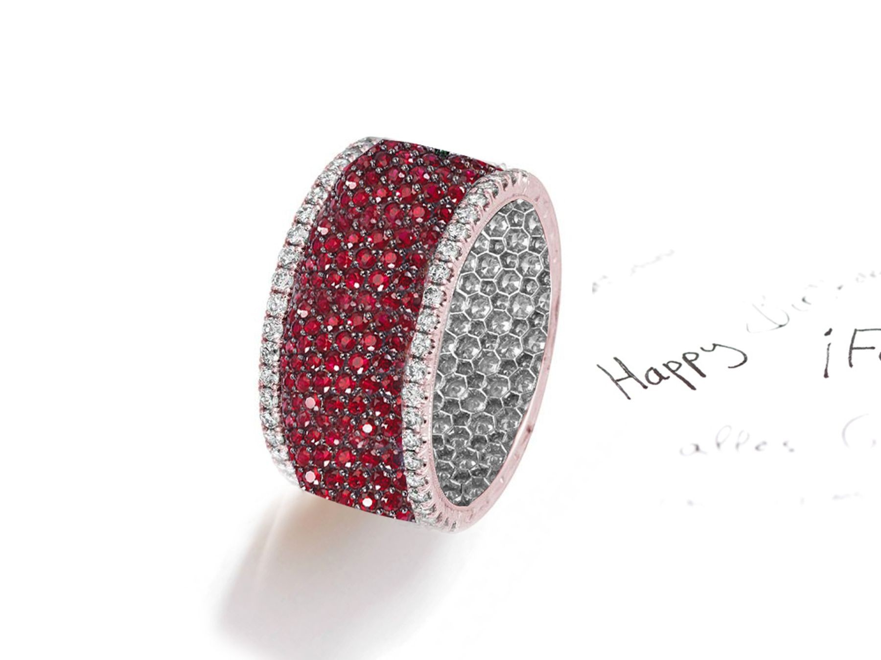 Made to Order French pave Set Brilliant Cut Round Diamonds & Pink SapphireRed Rubies Eternity Rings & Bands