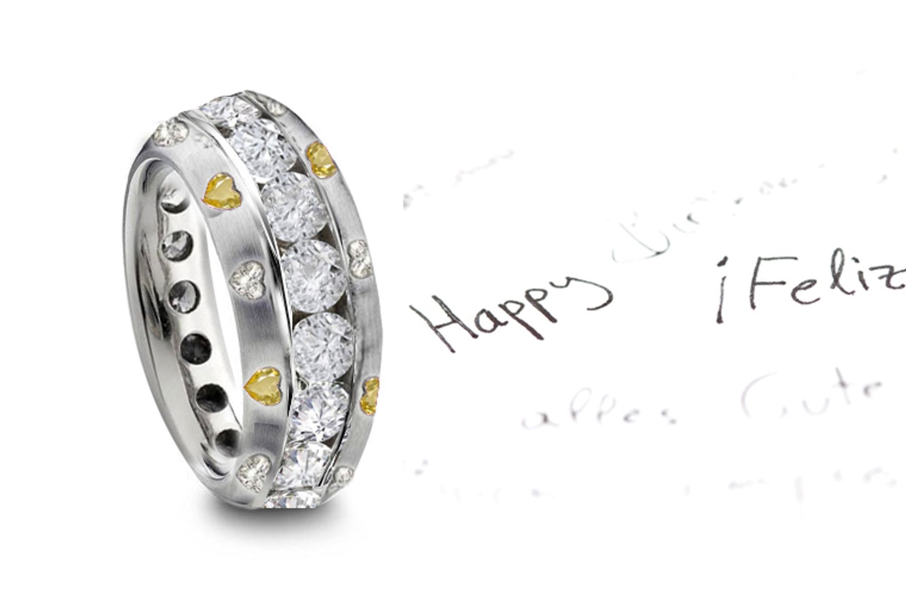 Channel Set Round Diamond Gold Band Yellow & White Heart Diamond Sprinkle All Around