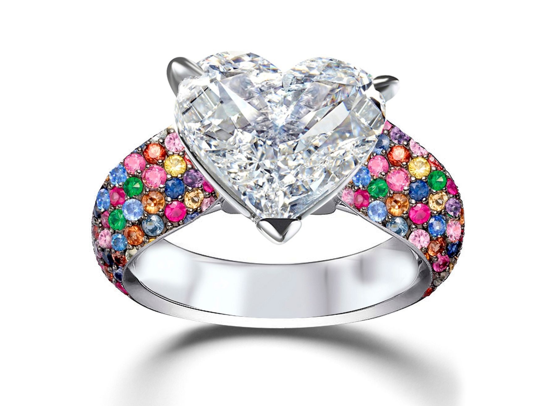 Heart Diamond & Rainbow Sapphire Micropave Set Engagement and Right Hand Rings