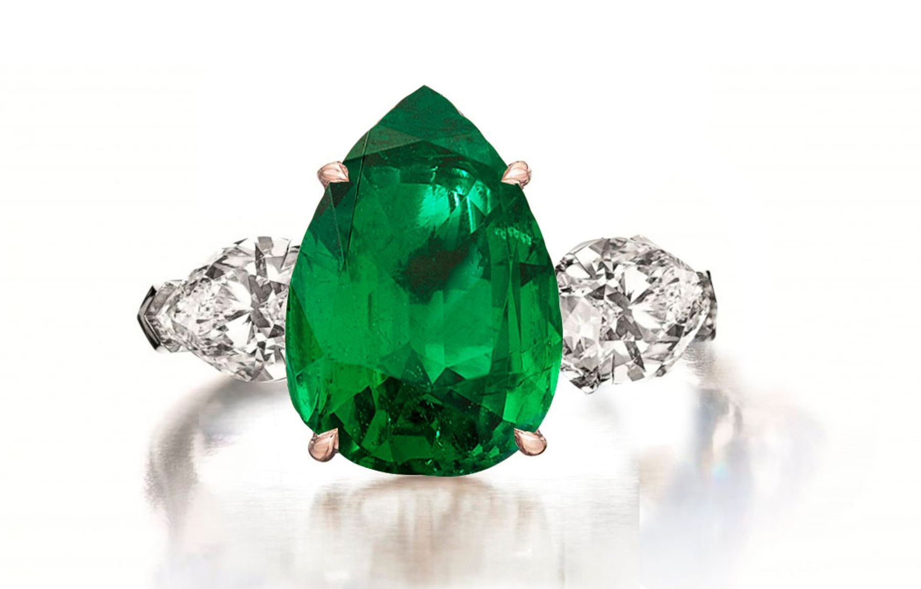 3 Stone Pear Shaped Diamond & Emerald Ring