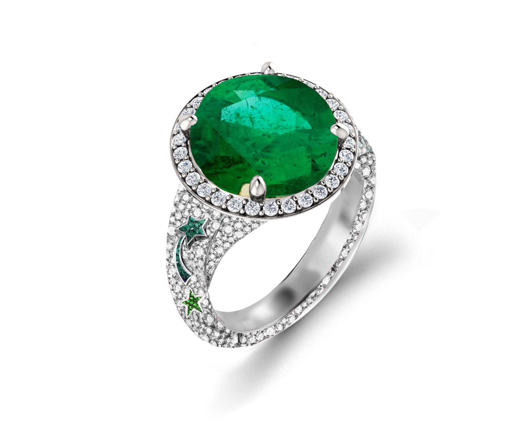 Precision Set Delicate French Micro Pave Halo Rings With Emerald & Diamonds