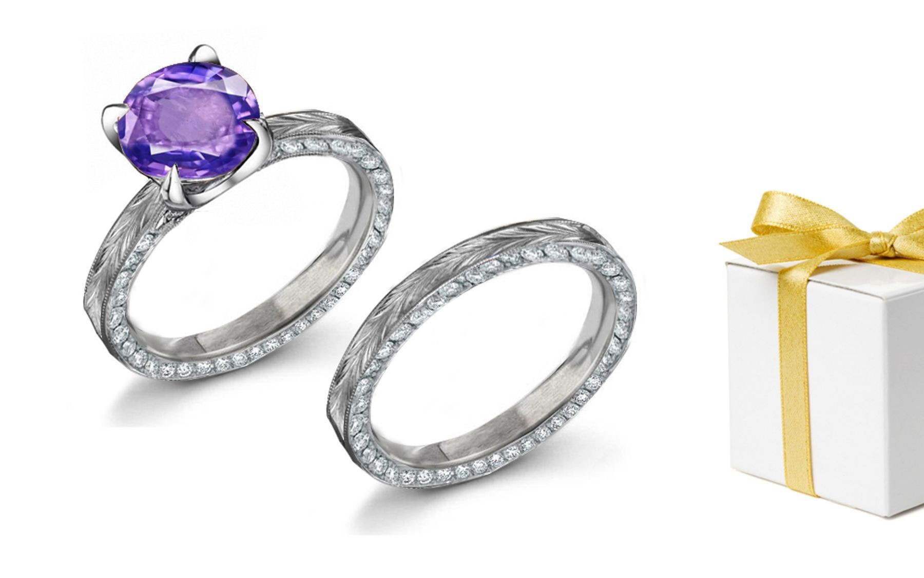 Decorated: Purple Sapphire & White Diamond Engraved Ring