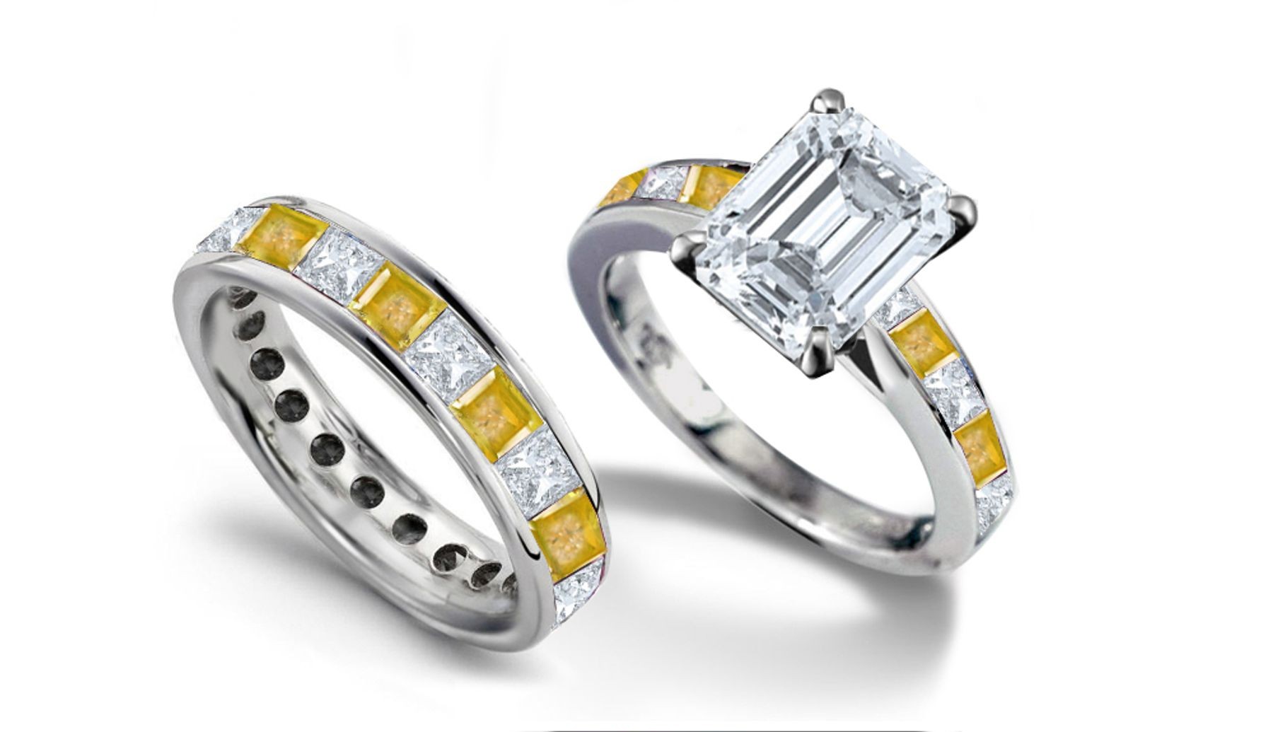 Emerald Cut Diamond & Square Yellow Sapphire Ring & Matching Wedding Band