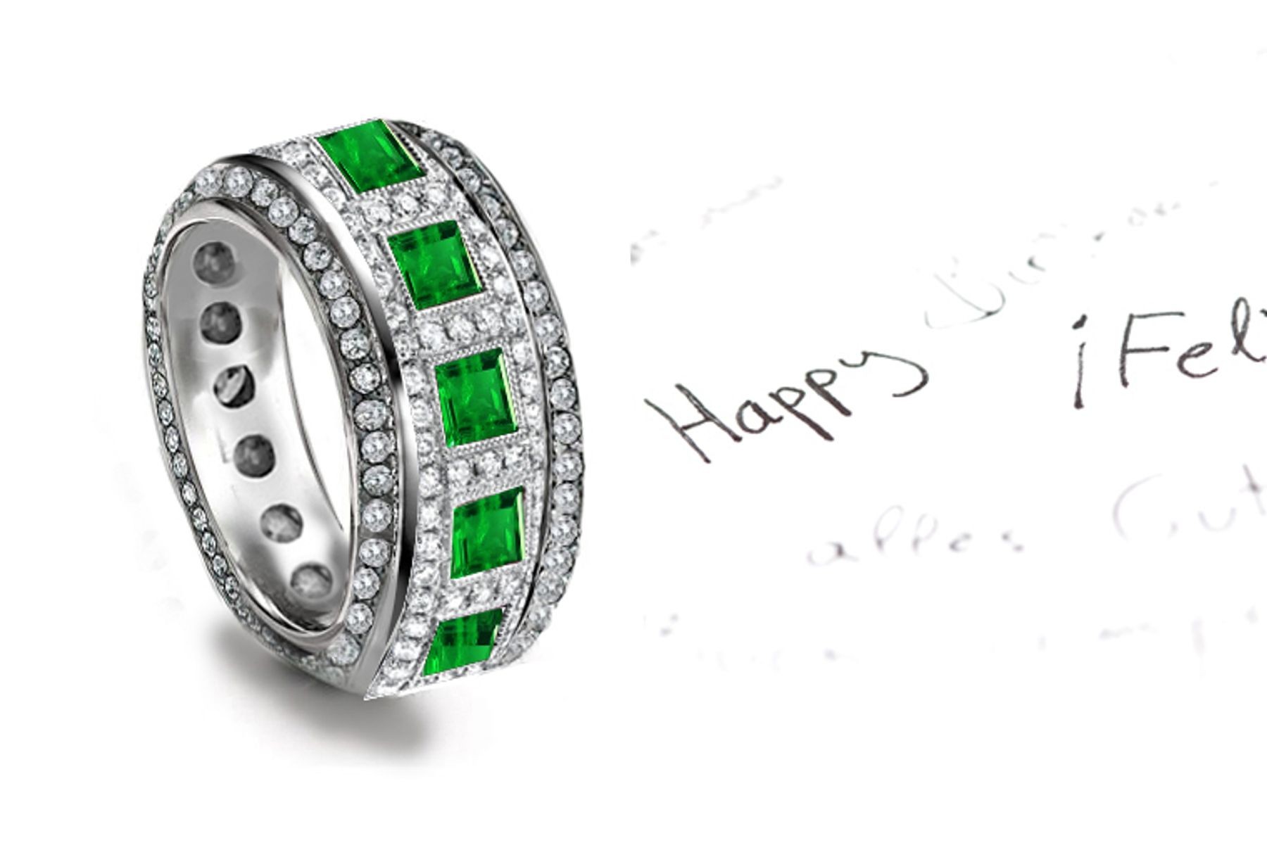 Arts & Crafts: Micropave Encrusted Square Halo Emerald Diamond Band