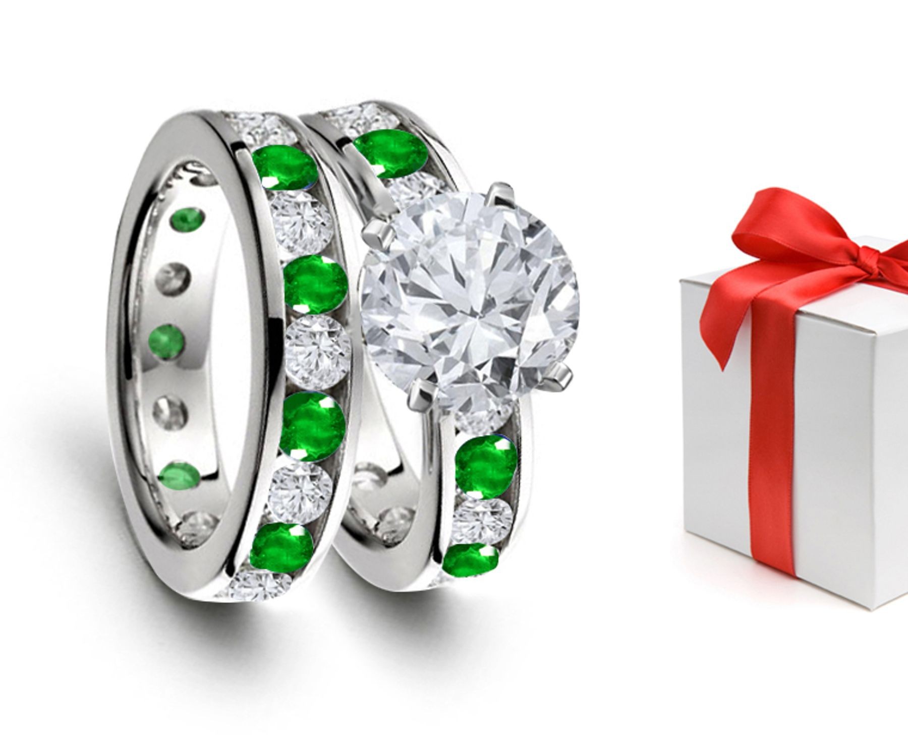 Price Comparisons Welcome: Light Greenish-Gray Hue Channel Set Emerald Ring With Diamonds in 14k White Gold