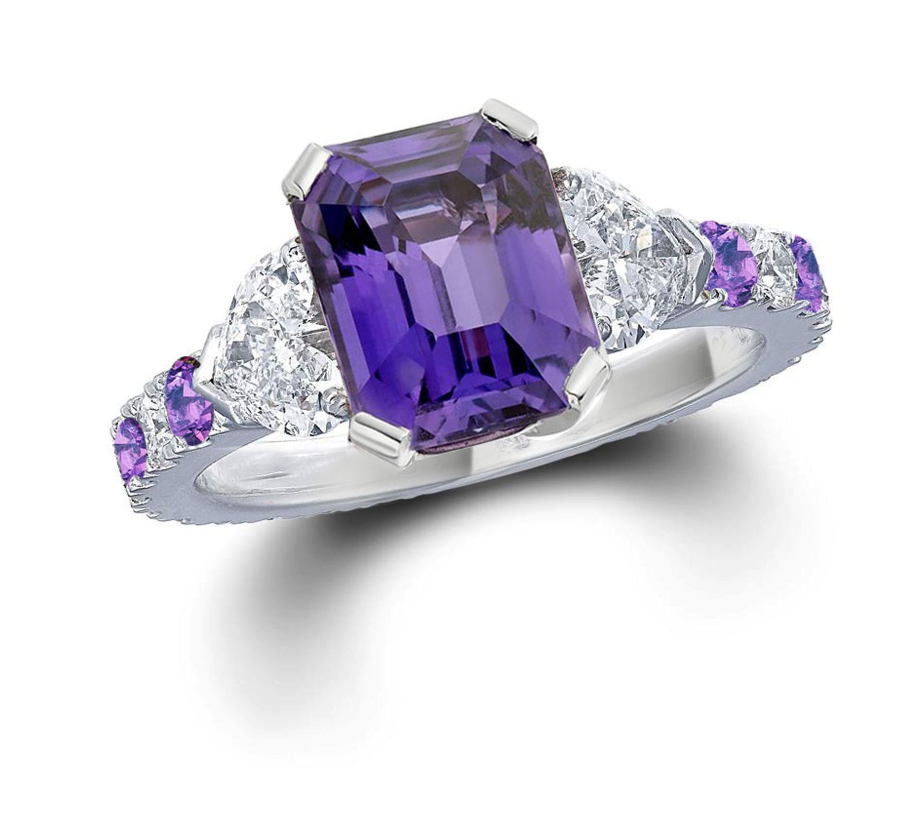 Three Stone Rings Collection Featuring Vibrant Rainbow Colored Sapphires & Diamonds Side Accents
