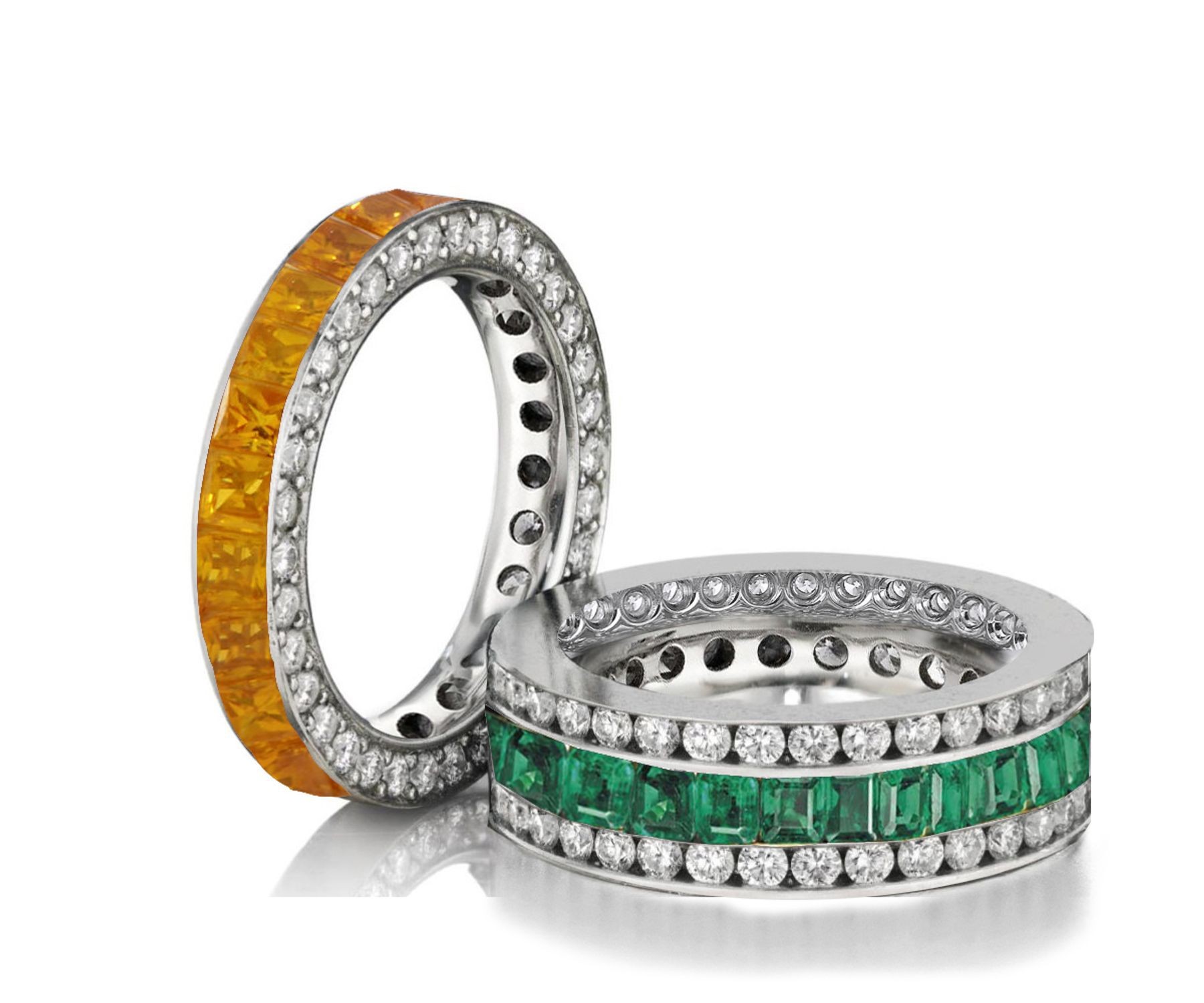 Made to Order Great Selection of Channel Set Princess Cut Round Diamonds Emerald & Yellow Sapphire Eternity Rings & Bands