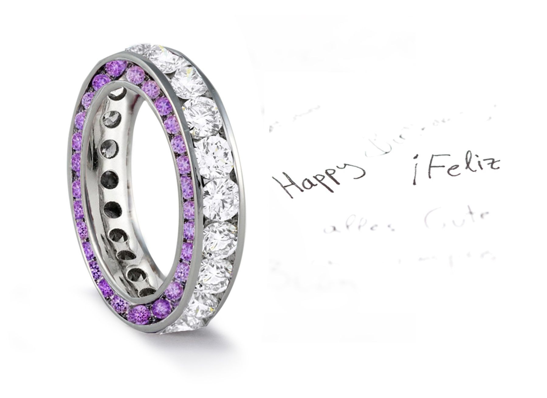 Made to Order French pave Set Brilliant Cut Round Diamonds & Purple Sapphires Eternity Rings & Bands