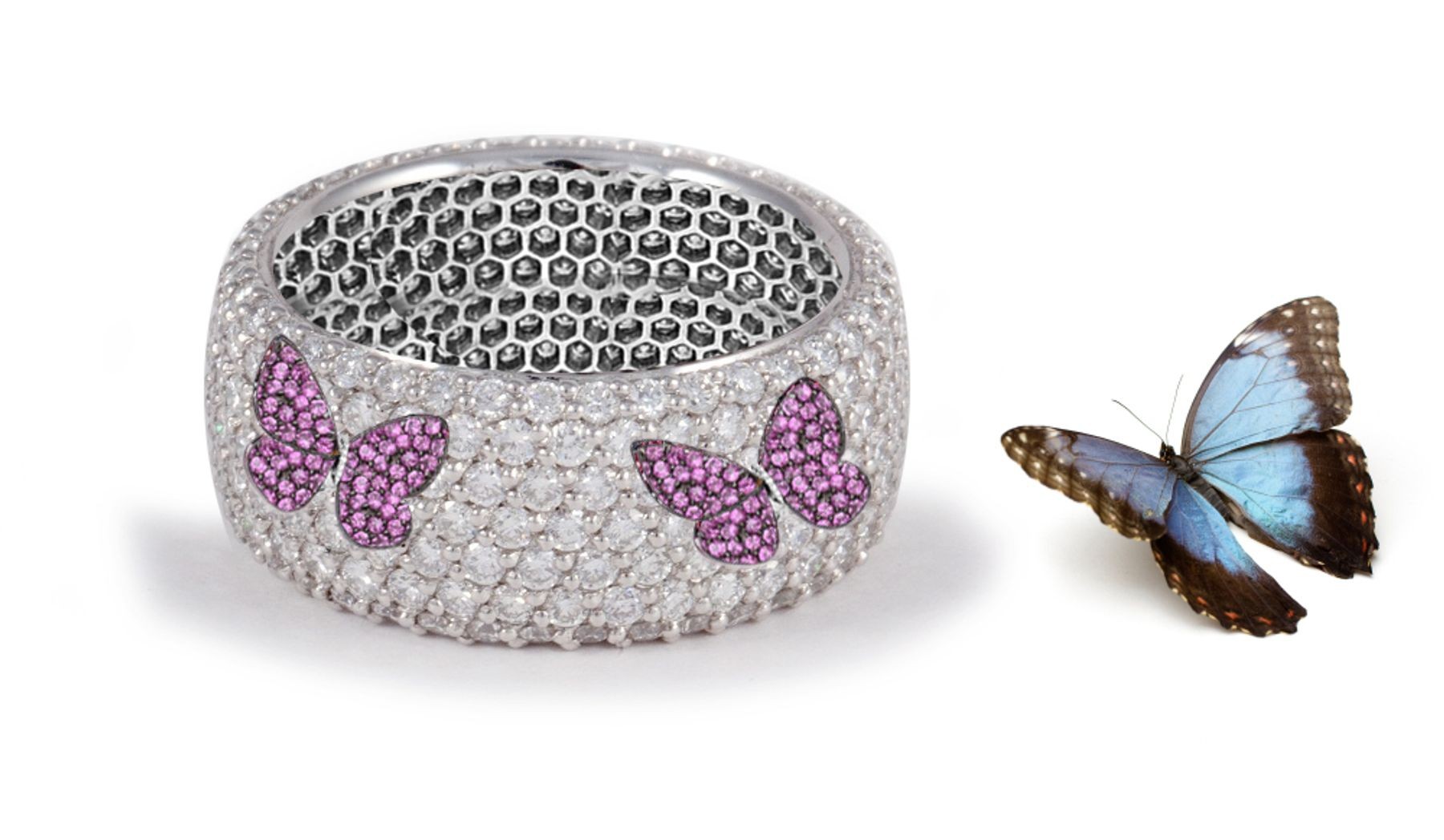 Butterfly Collection: Women's Halo Micro pave Precision Set Pink Sapphire & Diamond Eternity Rings Available in Gold or Platinum for Wedding or Anniversary