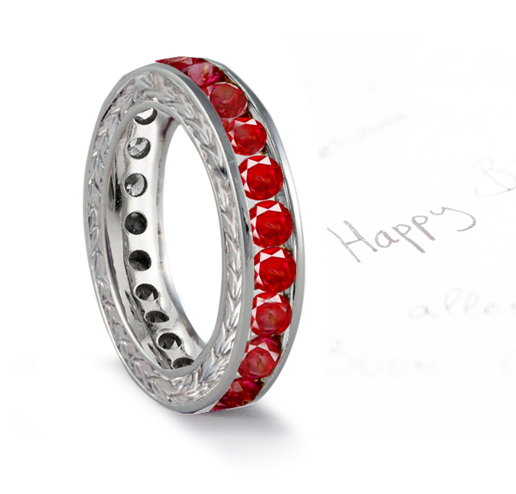Well-Cut Ruby Wedding Band with Scrolls Motifs on Sides in 14k Gold