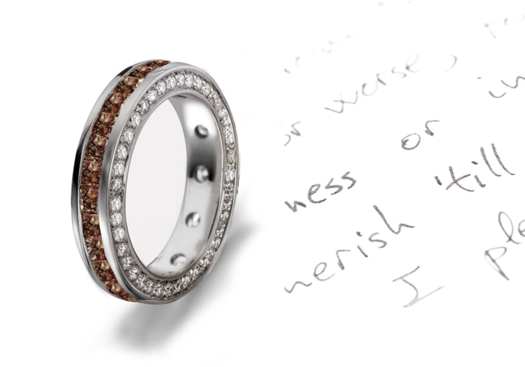 Princess Cut Brown Diamonds Circle The Band & Diamond Halos on Sides