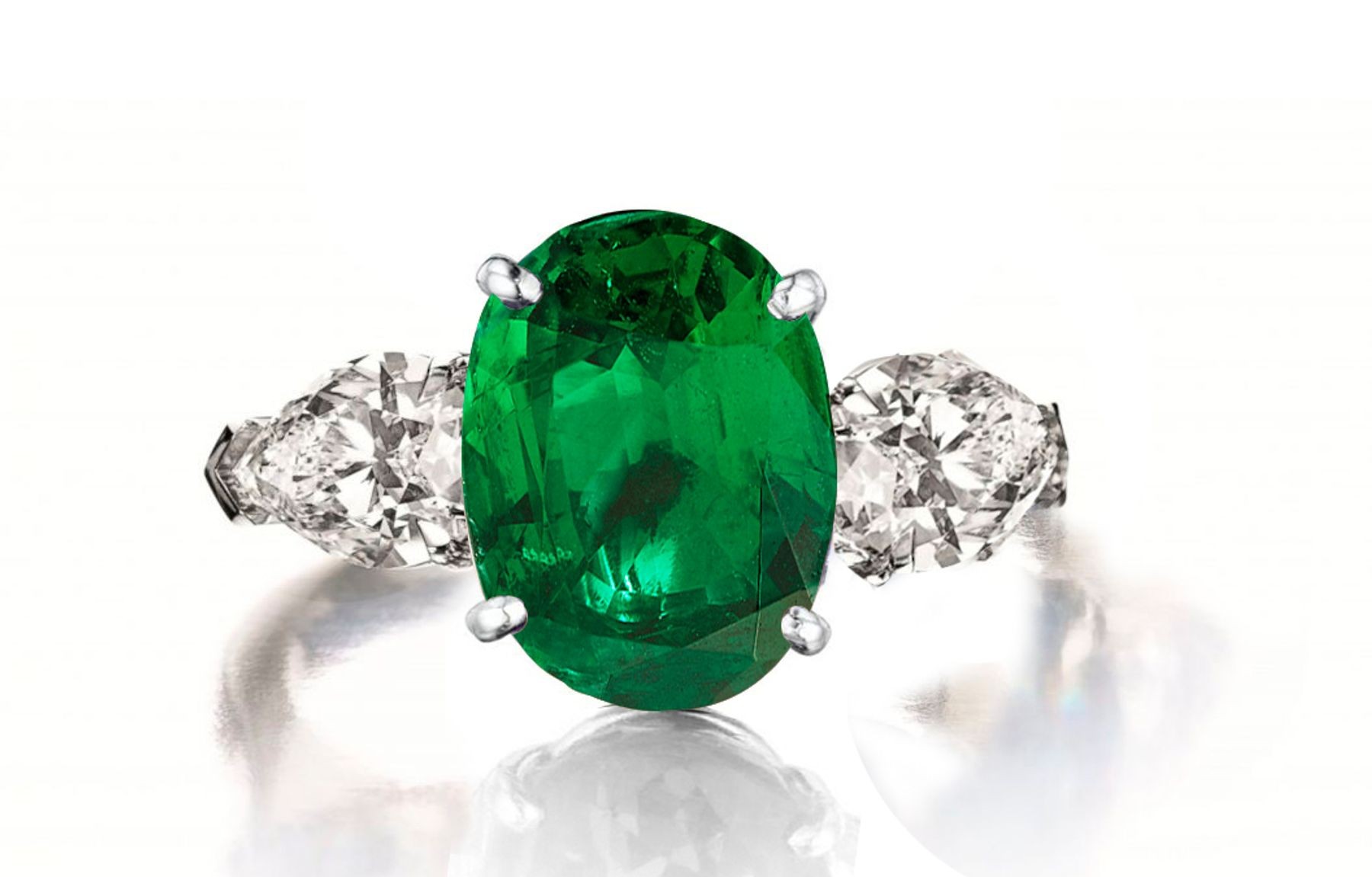 3 Stone Pear Shaped Diamond & Oval Emeralds Ring