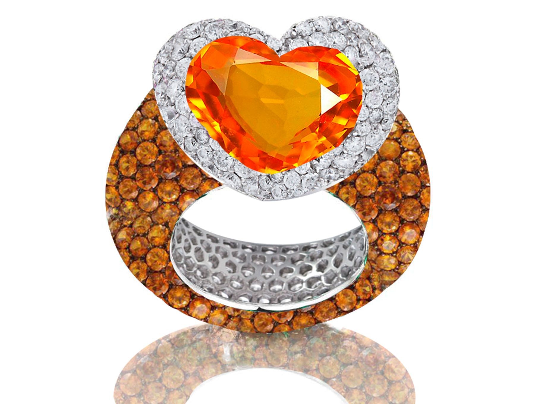 Delicate Micro Pave Round Brilliant Cut & Heart Orange Sapphires & Diamonds Halo Ring