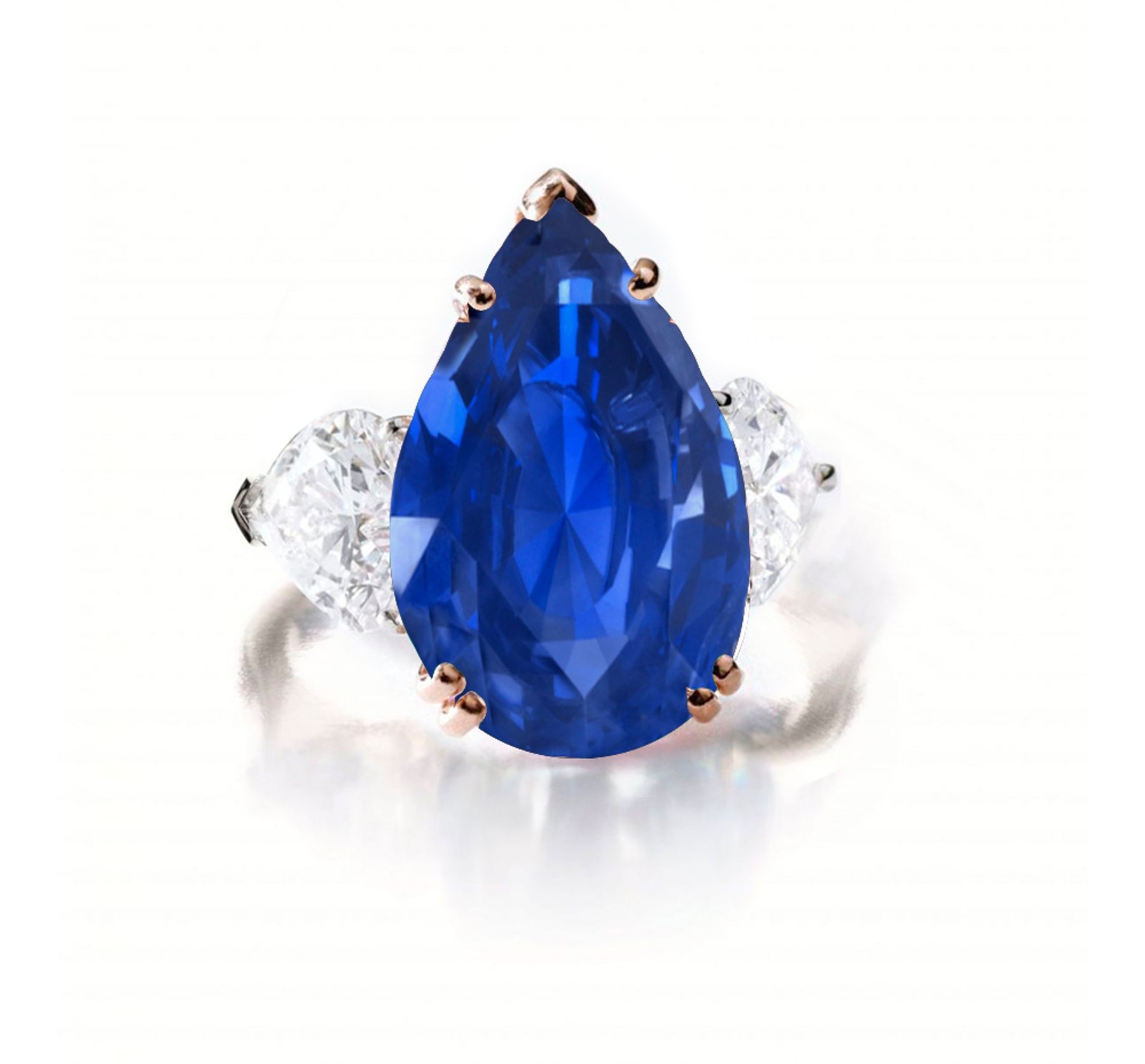 Custom Manufactured Three Stone Pear-Shaped Blue Sapphire & Side Heart Diamonds Ring