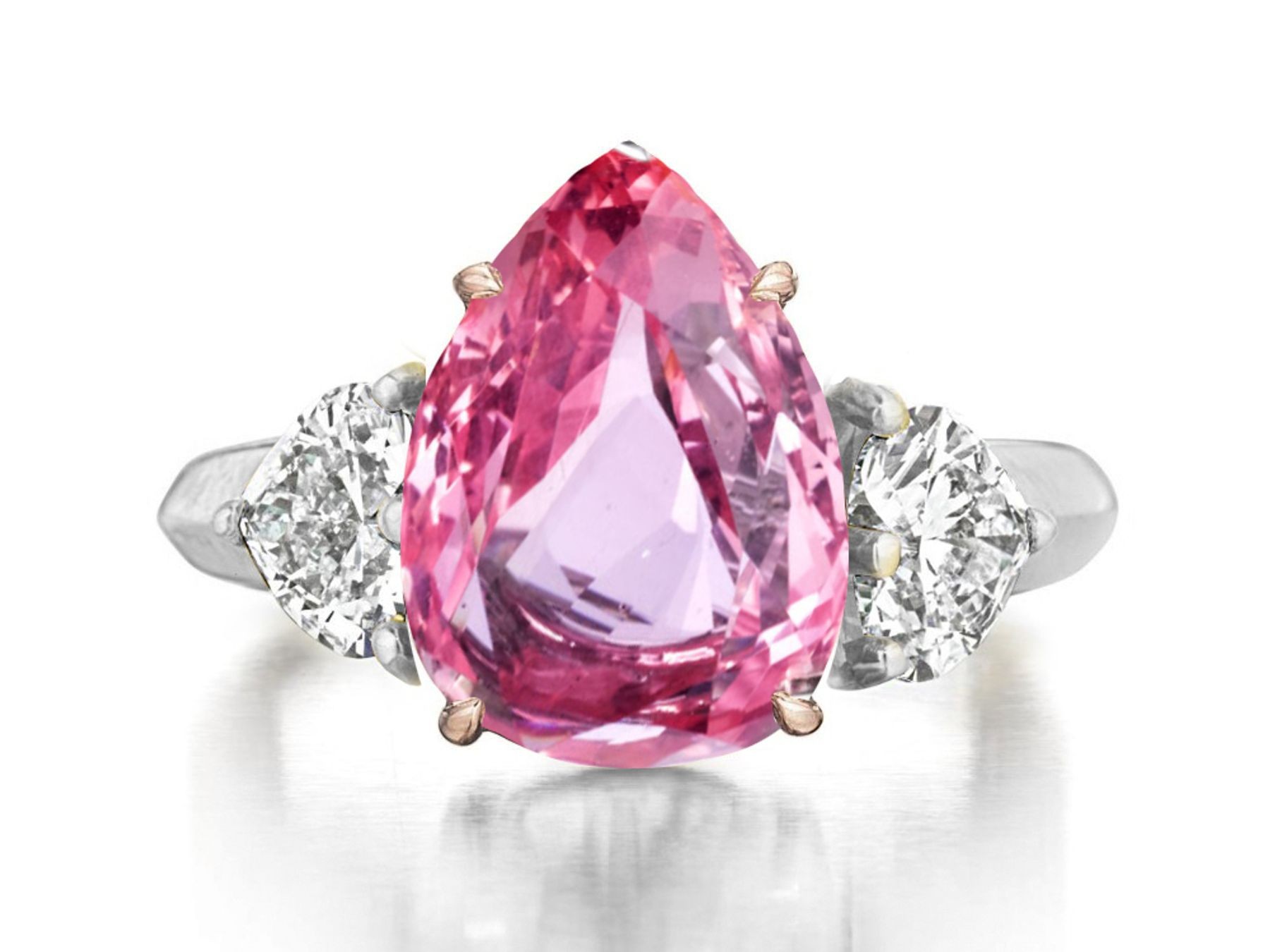 Premium Quality Unique Heart Shaped Diamonds & Pink Sapphire Pears Three Stone Rings