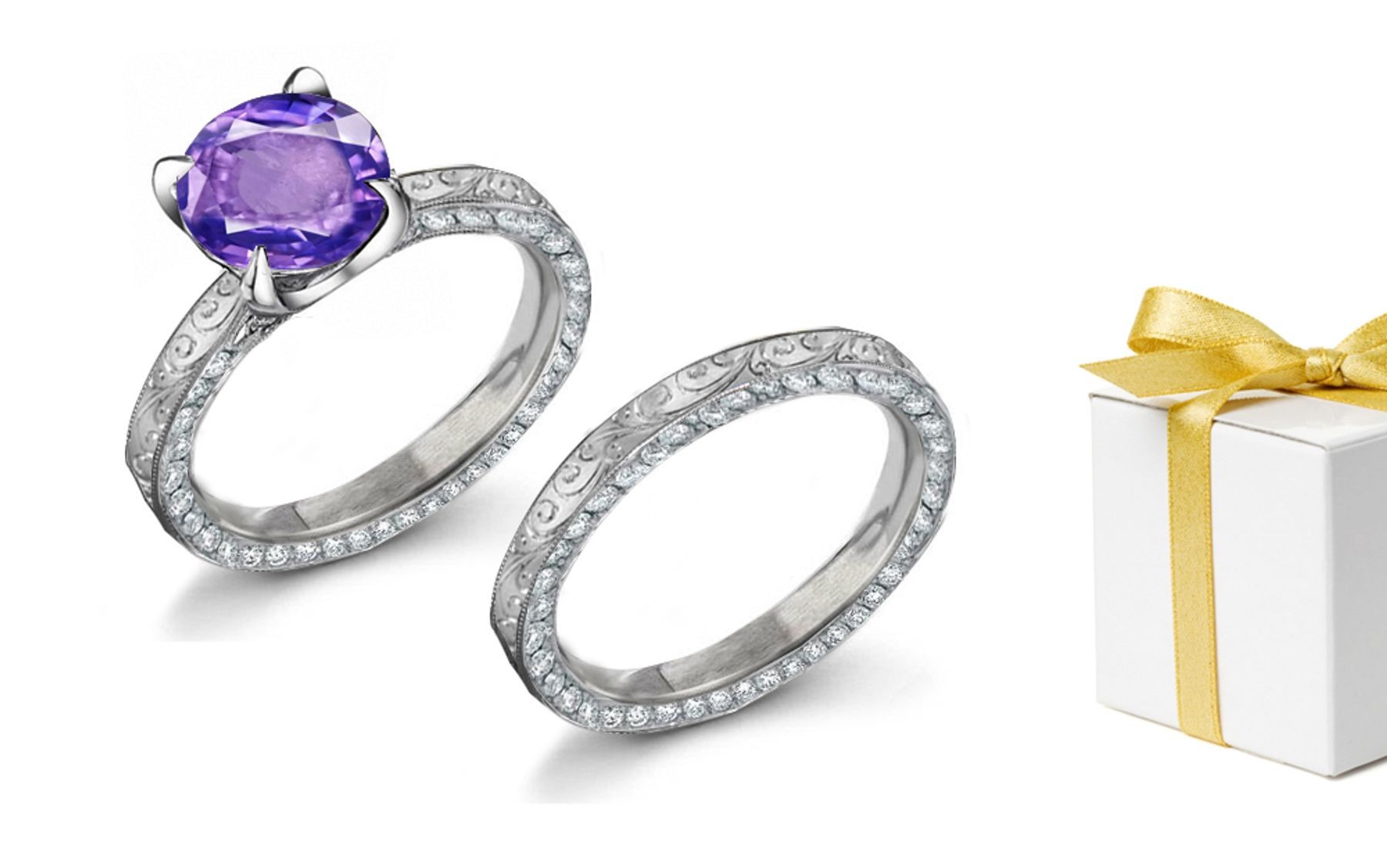 Statement: Purple Sapphire & White Diamond Engraved Ring