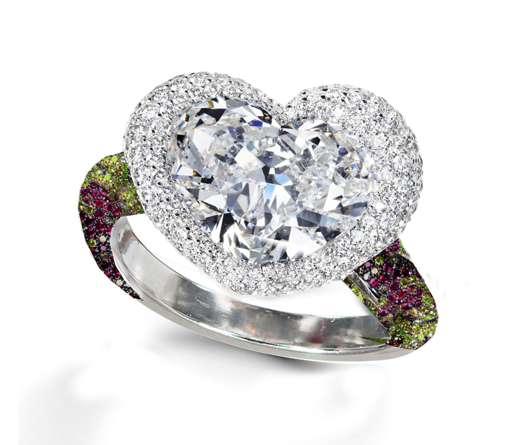 Ring with Heart Diamond & Pave Set Rainbow Sapphires & White Diamonds in Gold or Platinum
