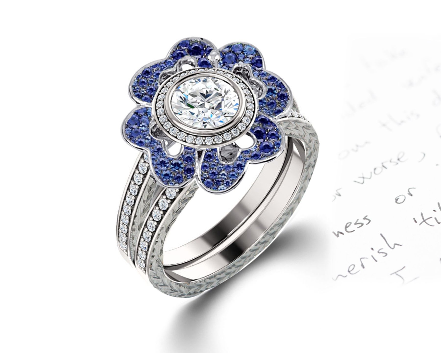 Delicate Micro Pave Halo Vivid Flower Blue Sapphires & Brilliant-Cut Round Diamonds Designer Engagement Rings