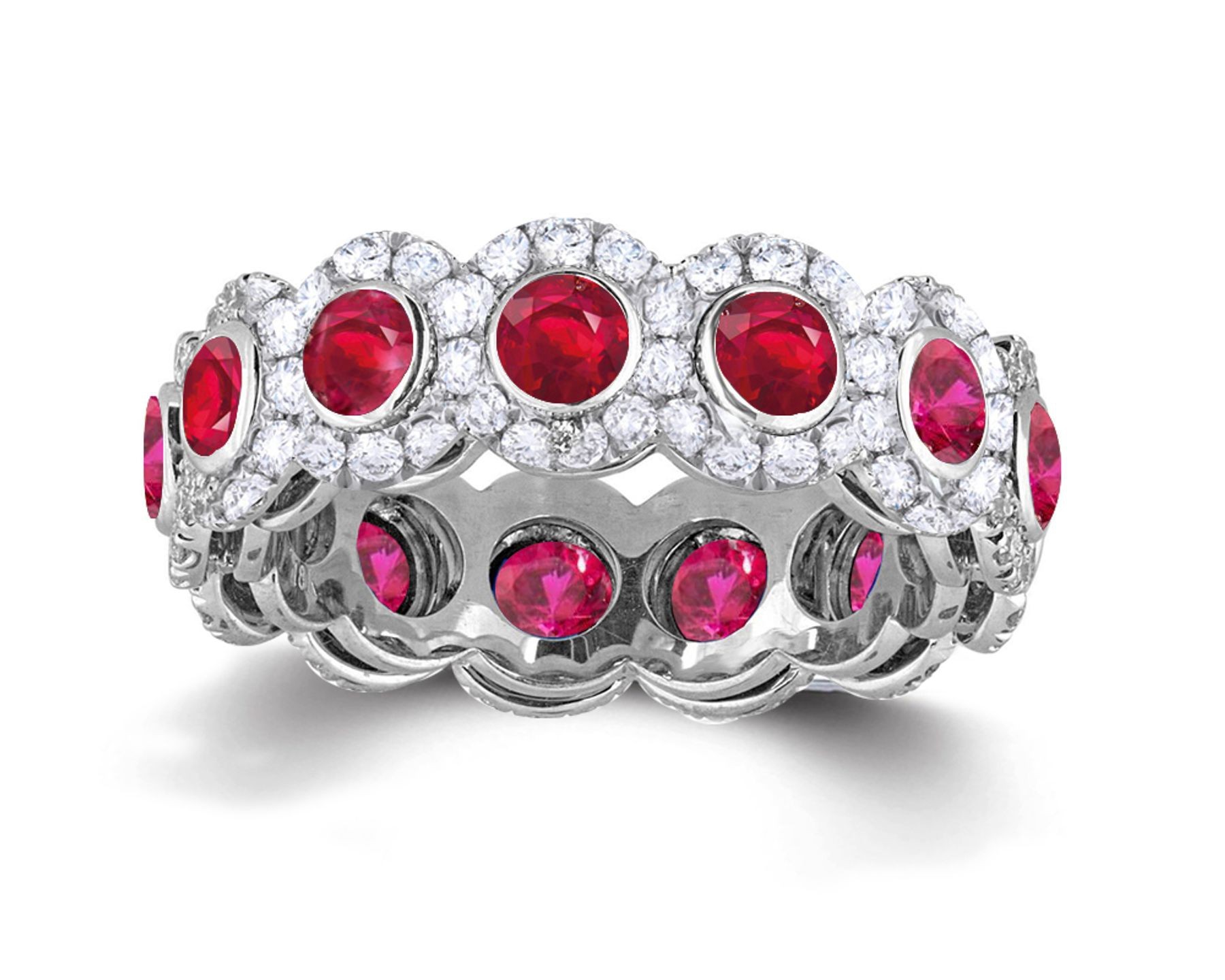Shop Fine Quality Made To Order Round pave Prong Bezel Set Diamond & Red Ruby Eternity Style Wedding Bands
